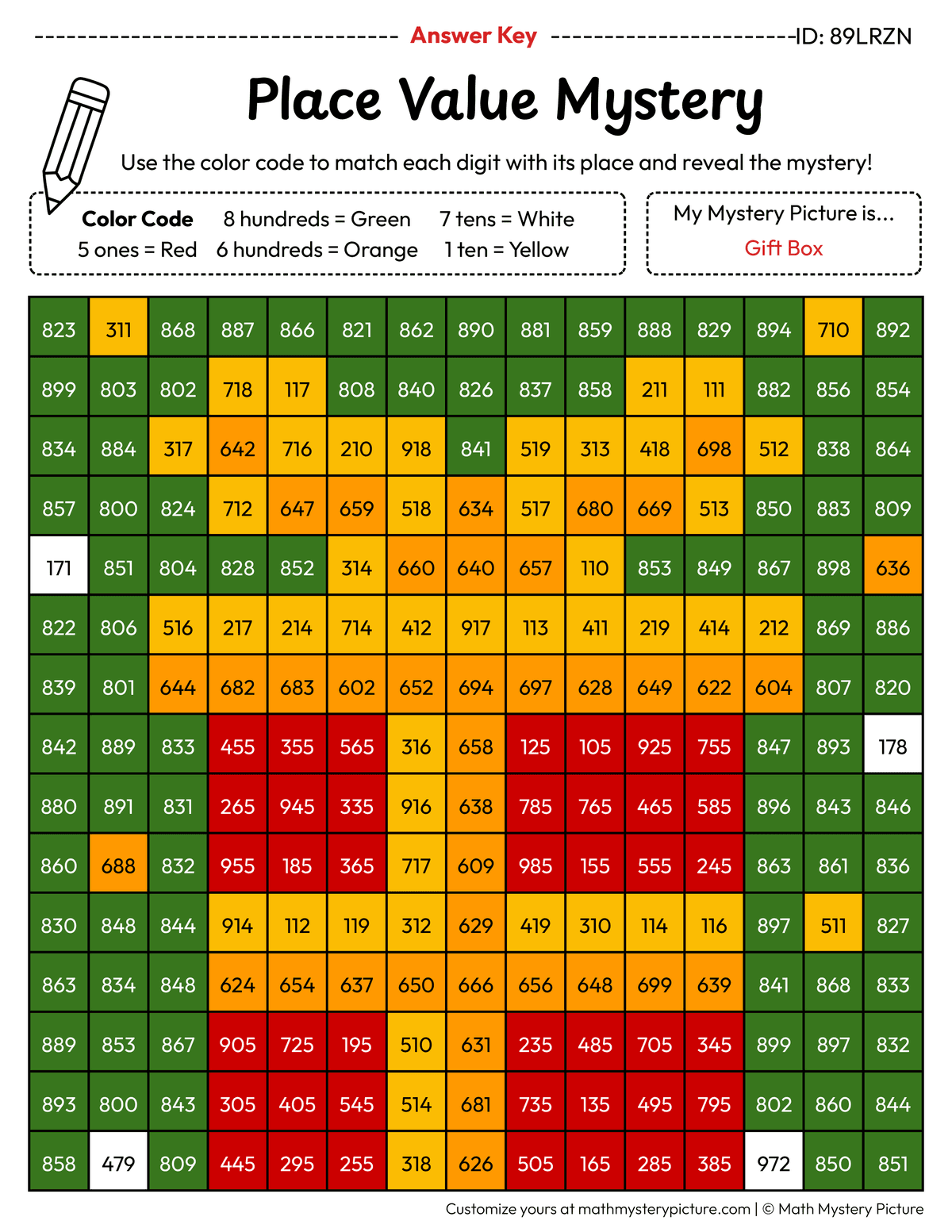 Christmas Gift Box 3-digit Place Value Math Mystery Picture Color by Number Answer Key