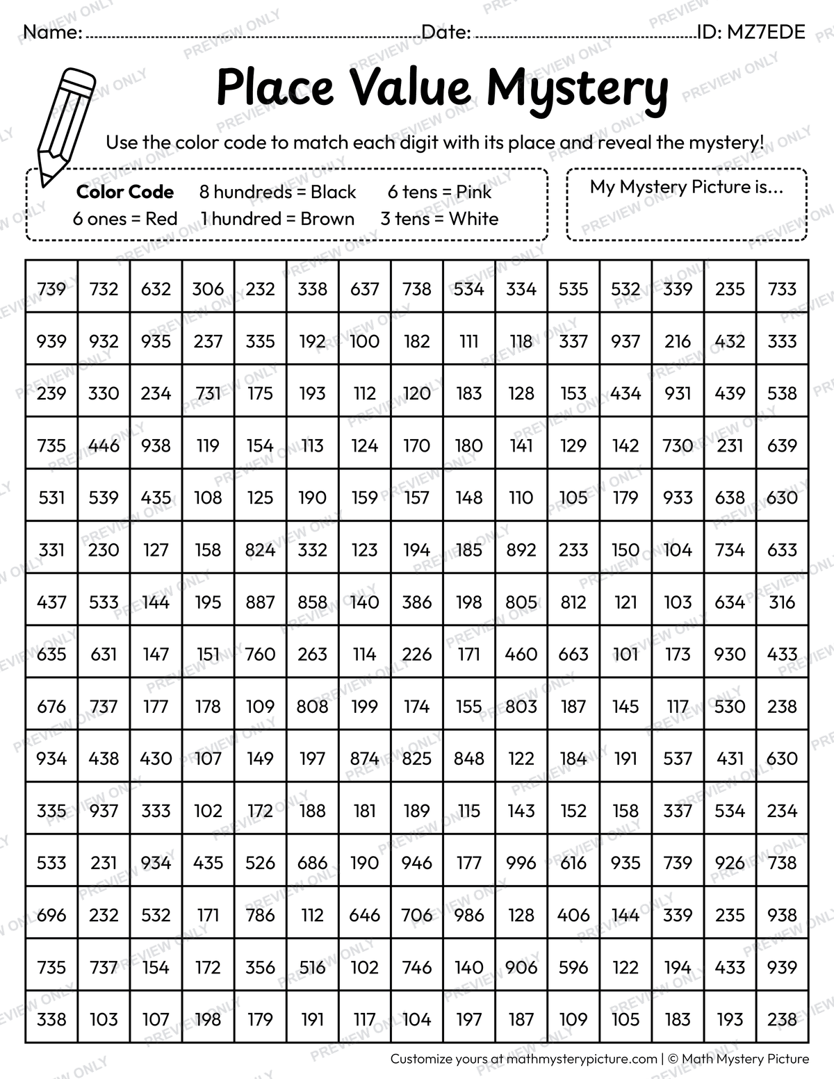 Christmas Gingerbread 3-digit Place Value Math Mystery Picture Coloring Worksheet