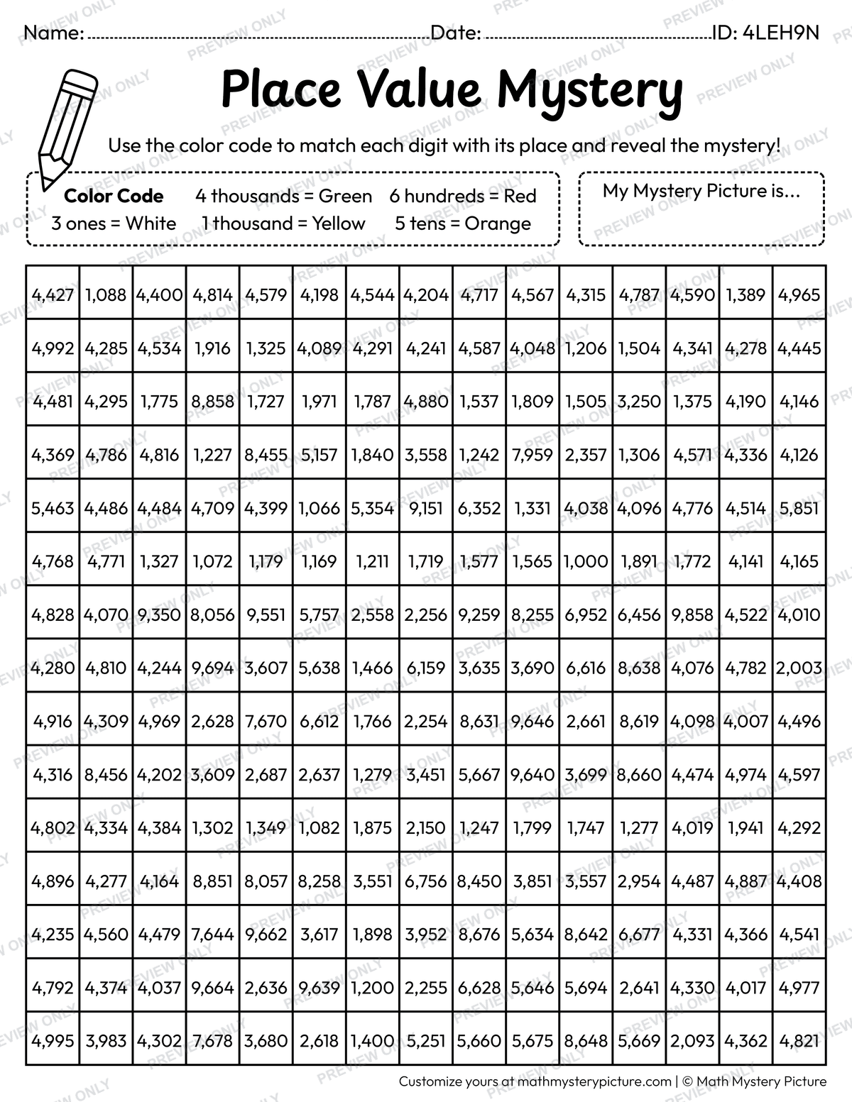 Christmas Gift Box 4-digit Place Value Math Mystery Picture Coloring Worksheet