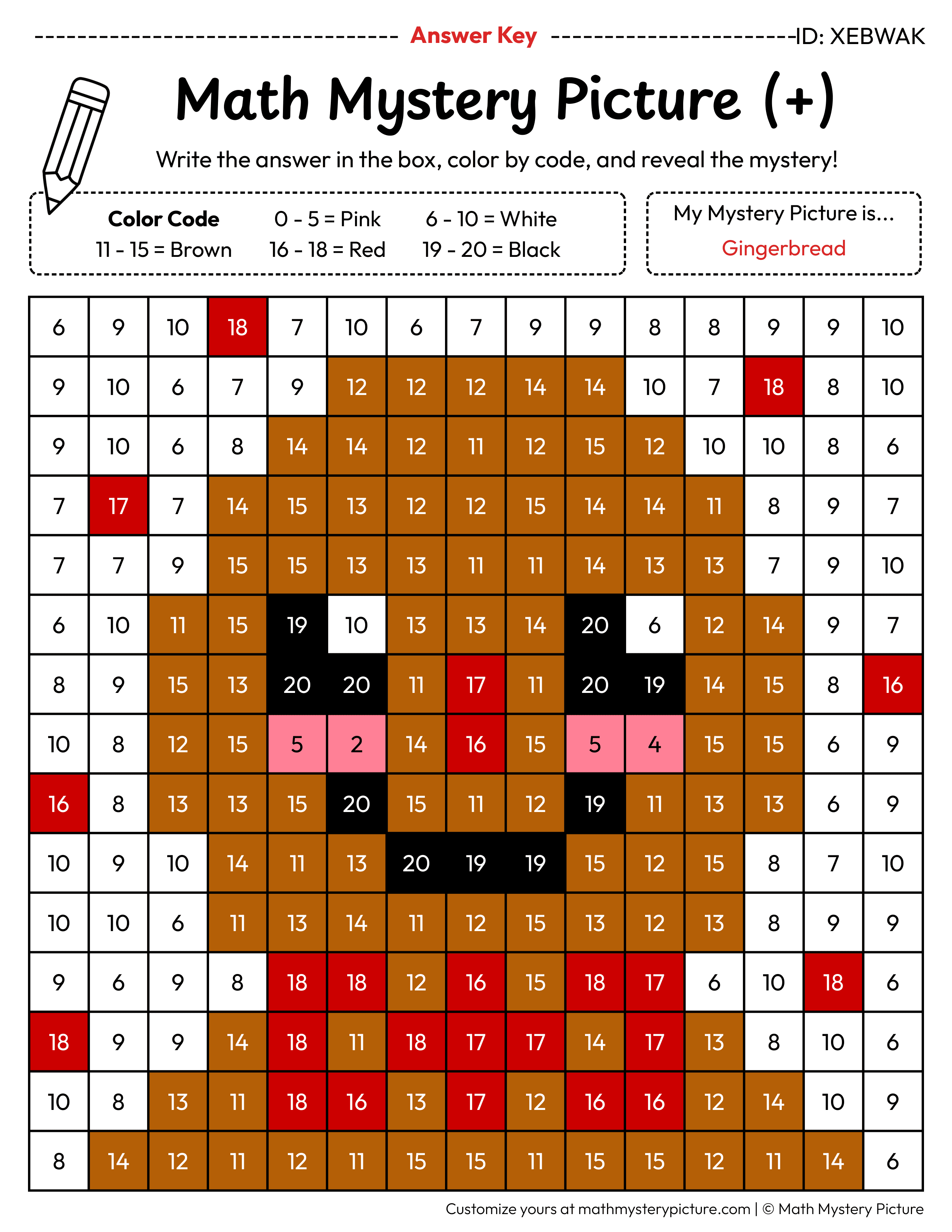 Christmas Gingerbread Addition Within 20 Math Mystery Picture Color by Number Answer Key