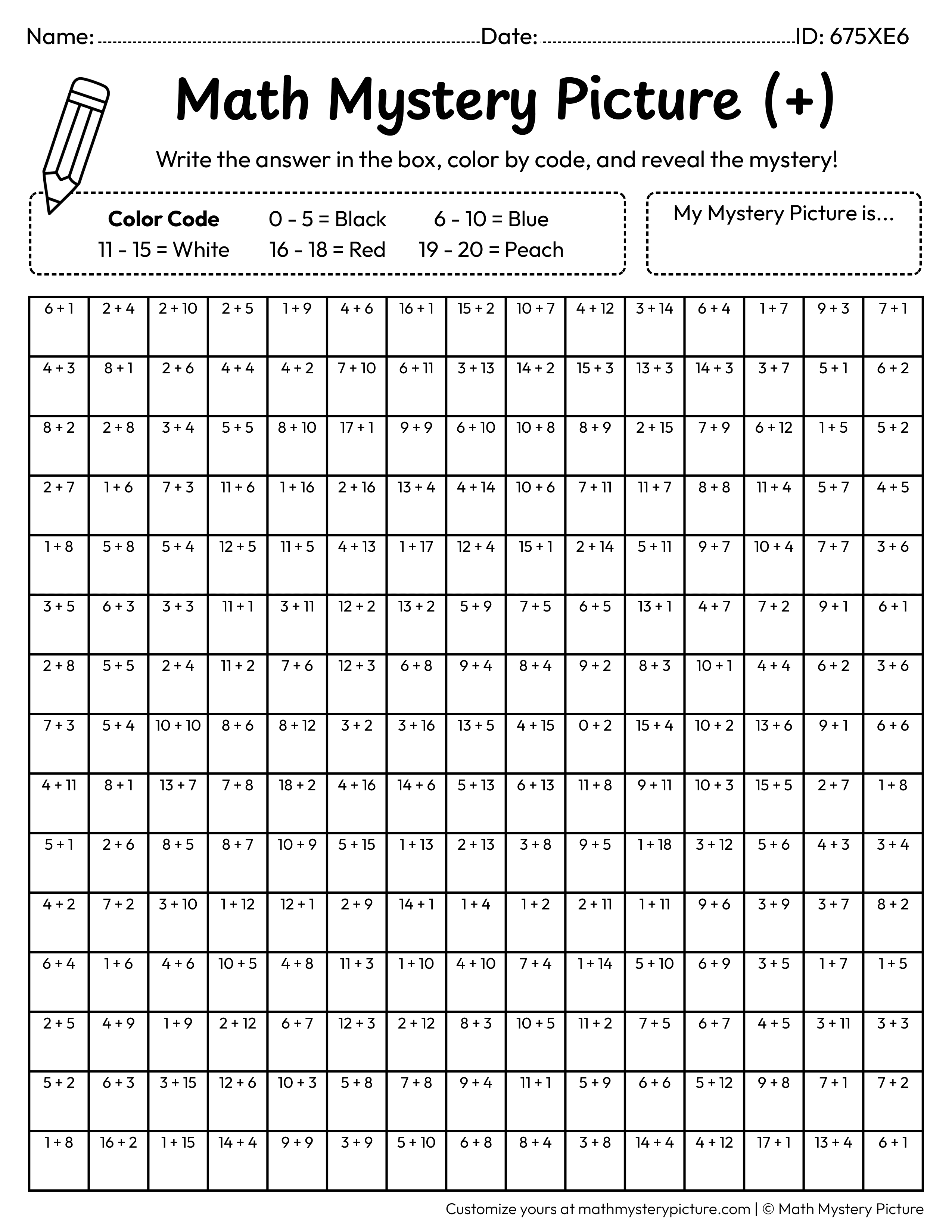 Christmas Santa Addition Within 20 Math Mystery Picture Coloring Worksheet