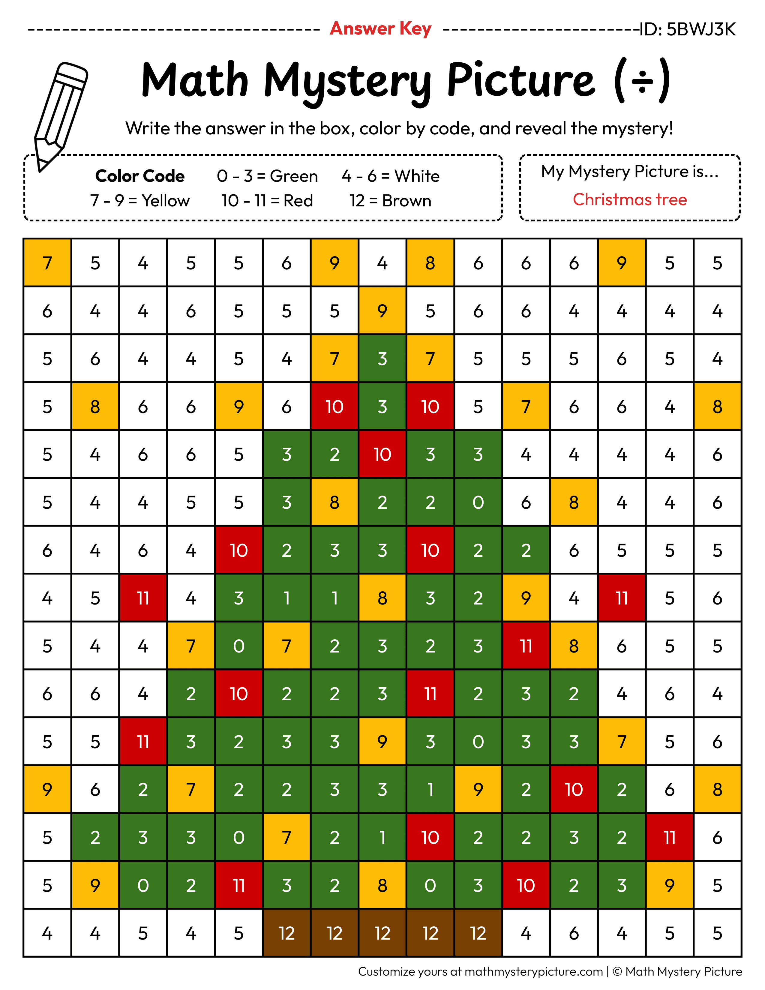 Christmas Tree Division Facts Math Mystery Picture Color by Number Answer Key