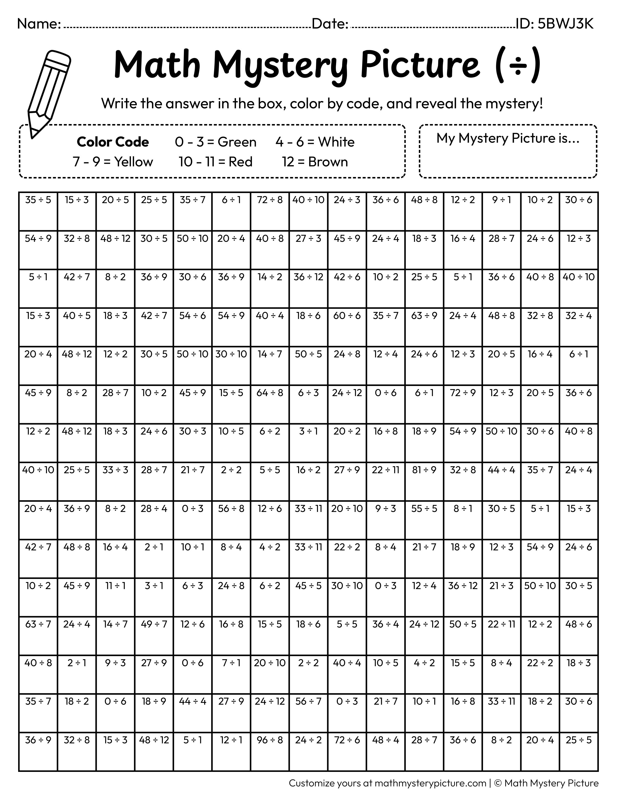 Christmas Tree Division Facts Math Mystery Picture Coloring Worksheet