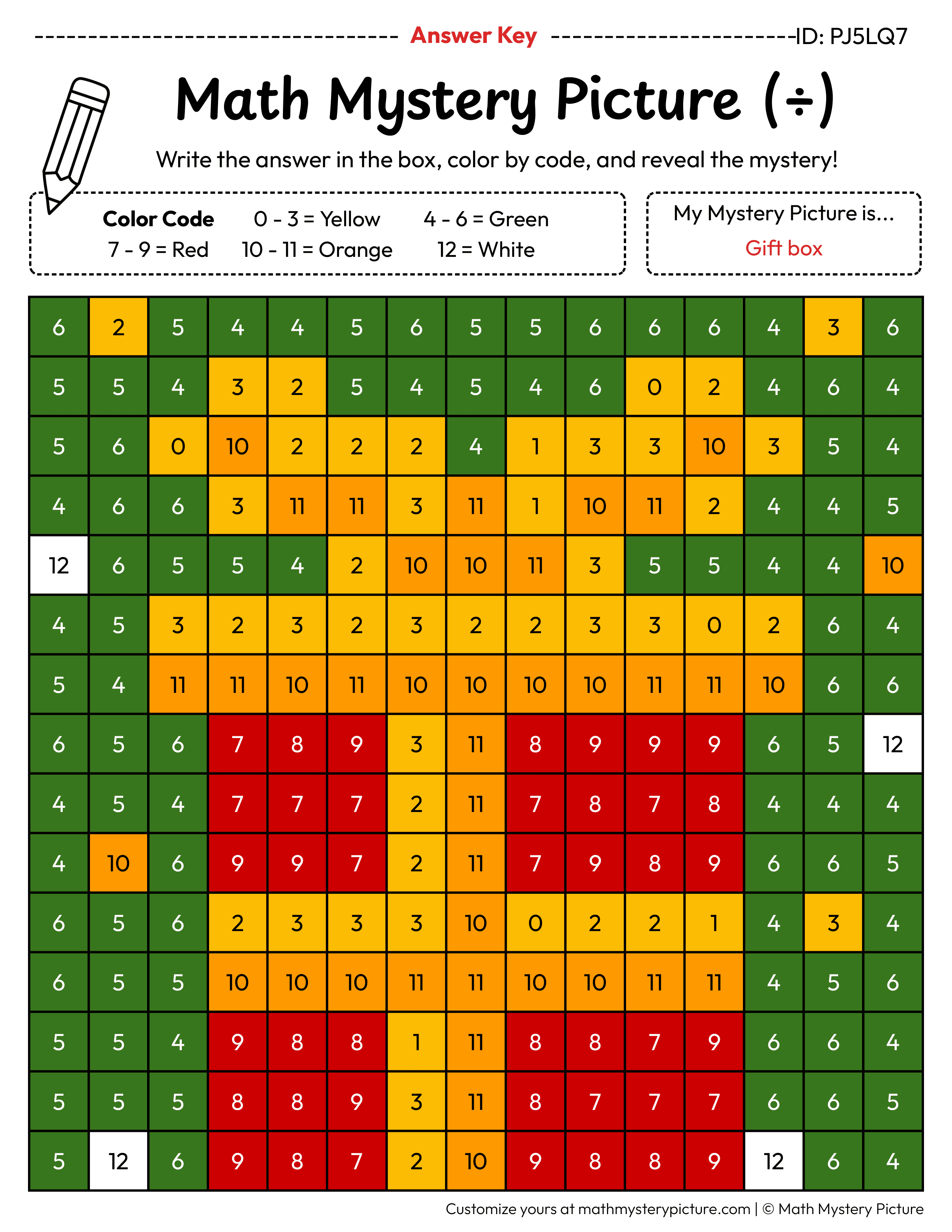 Christmas Gift Box Division Facts Math Mystery Picture Color by Number Answer Key