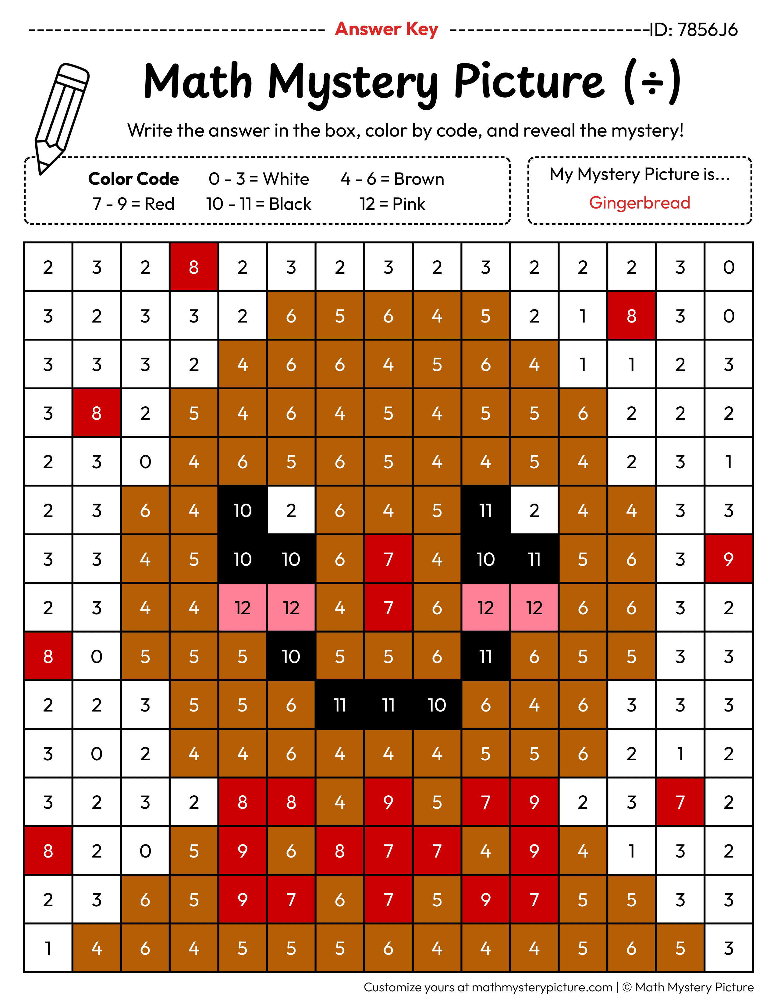 Christmas Gingerbread Division Facts Math Mystery Picture Color by Number Answer Key