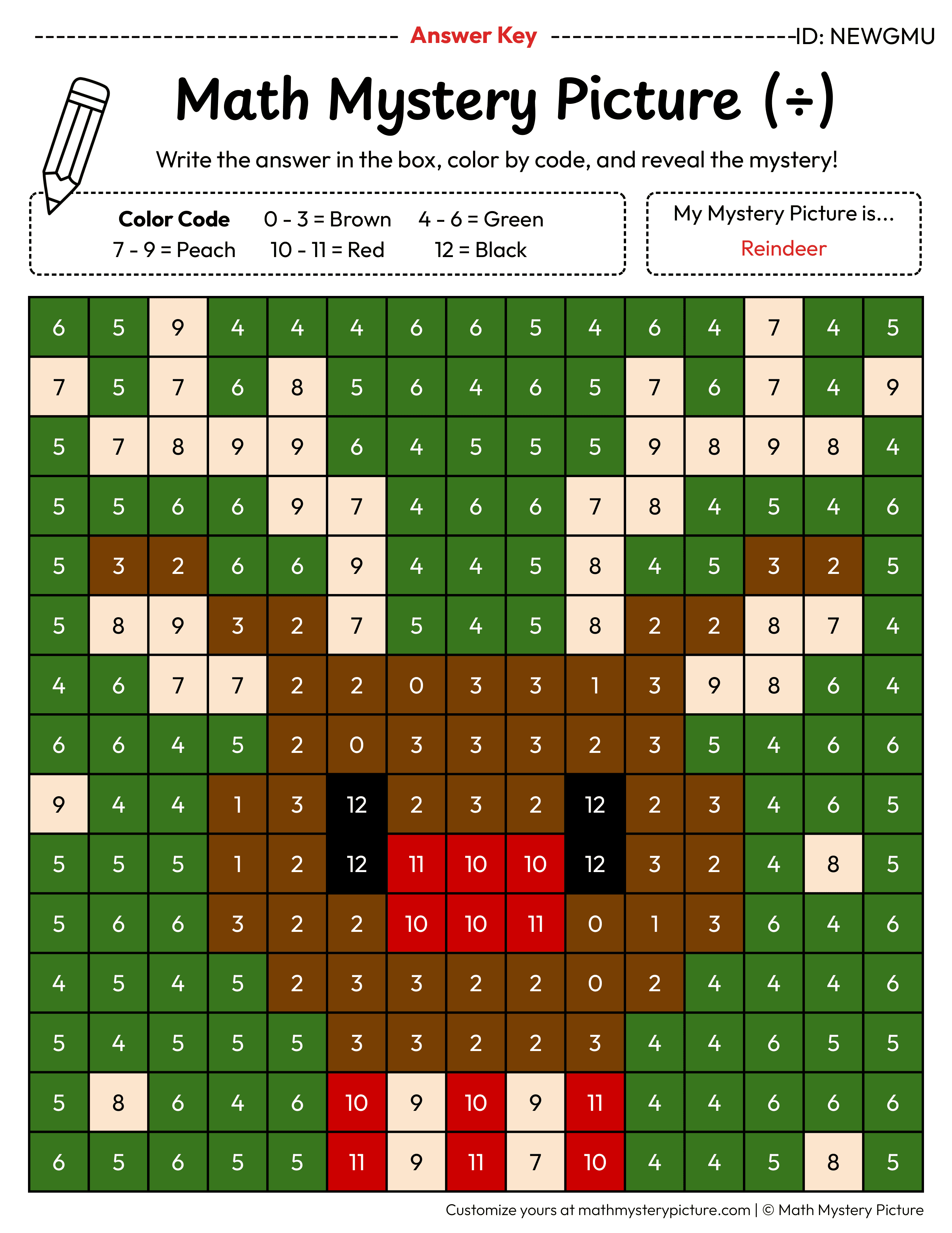 Christmas Reindeer Division Facts Math Mystery Picture Color by Number Answer Key