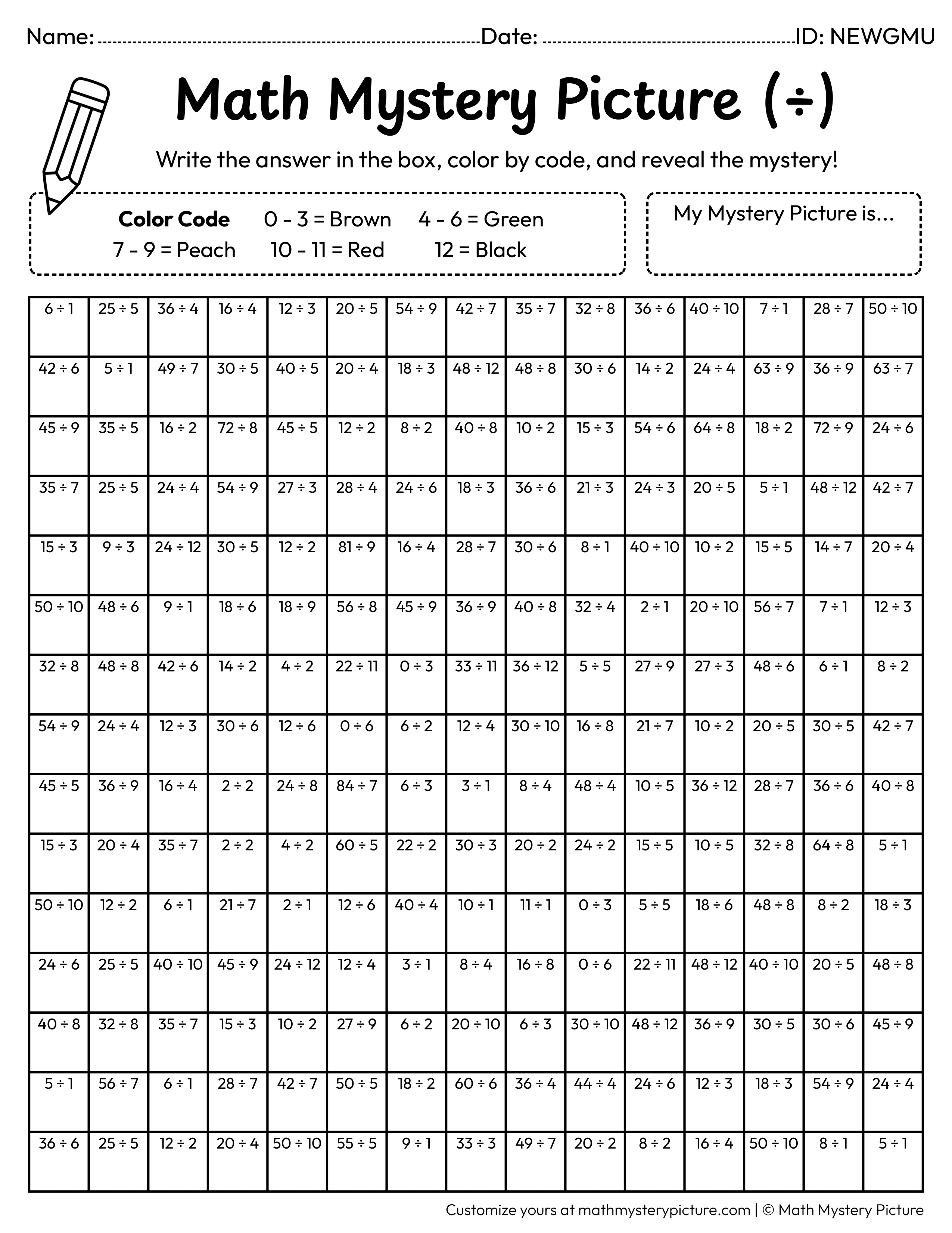 Christmas Reindeer Division Facts Math Mystery Picture Coloring Worksheet