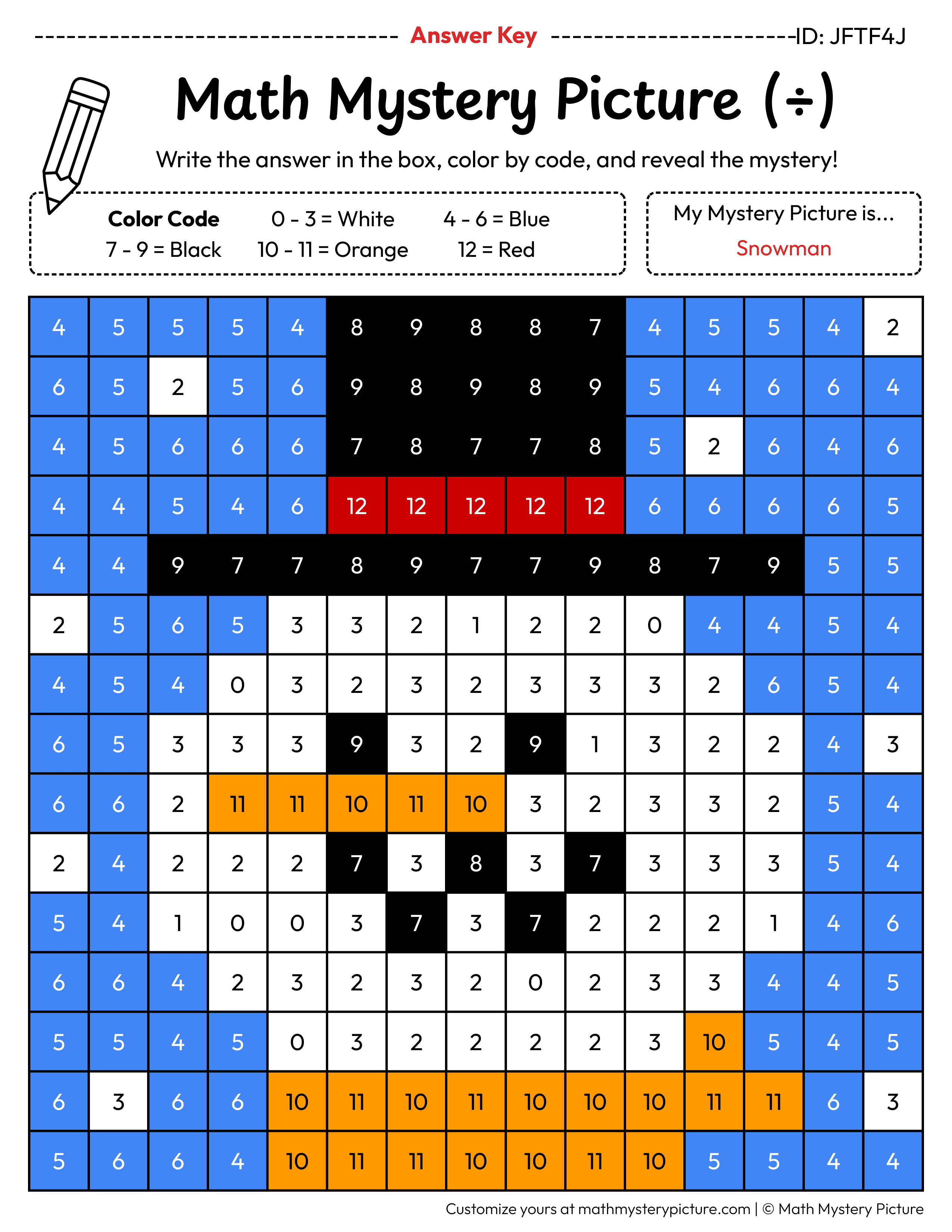 Christmas Snowman Division Facts Math Mystery Picture Color by Number Answer Key