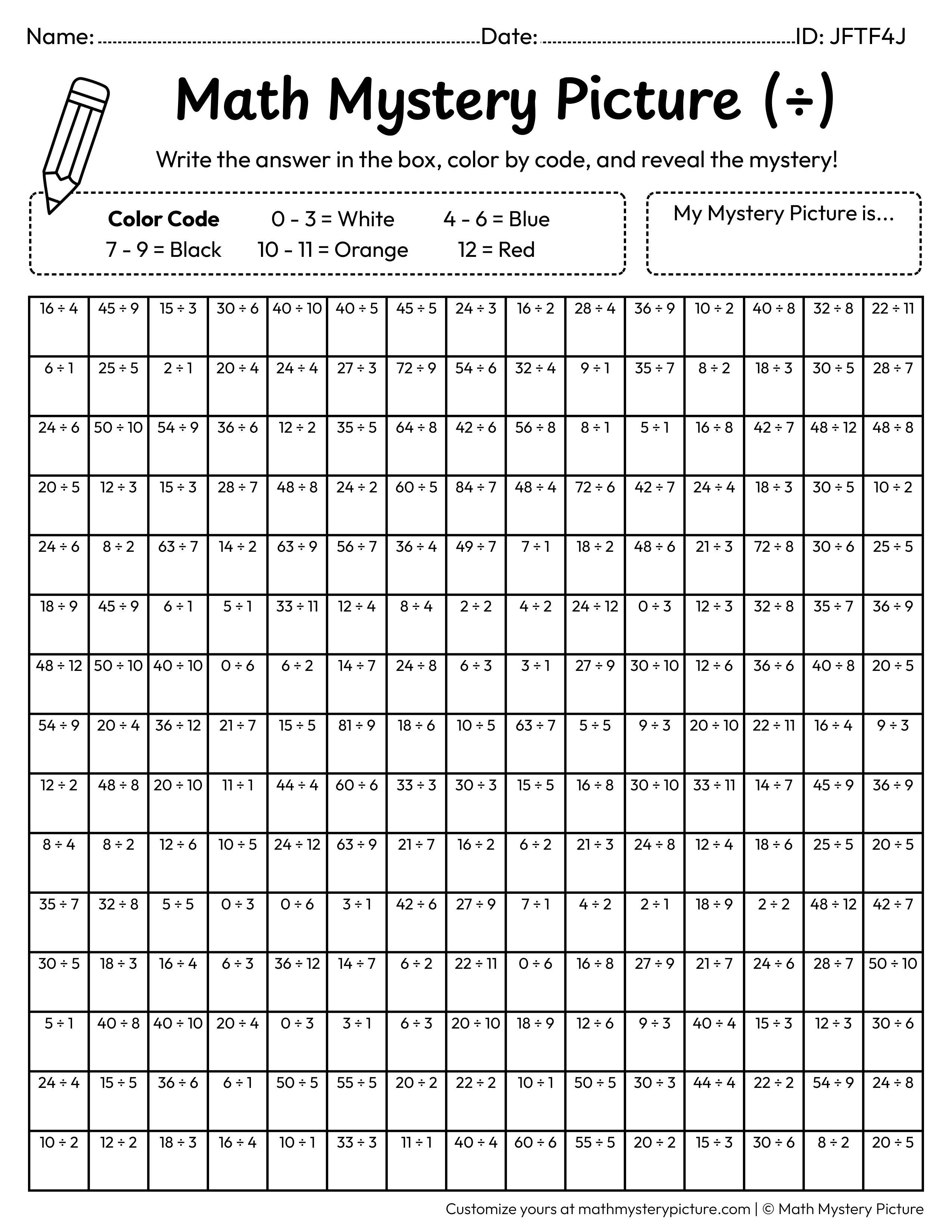 Christmas Snowman Division Facts Math Mystery Picture Coloring Worksheet