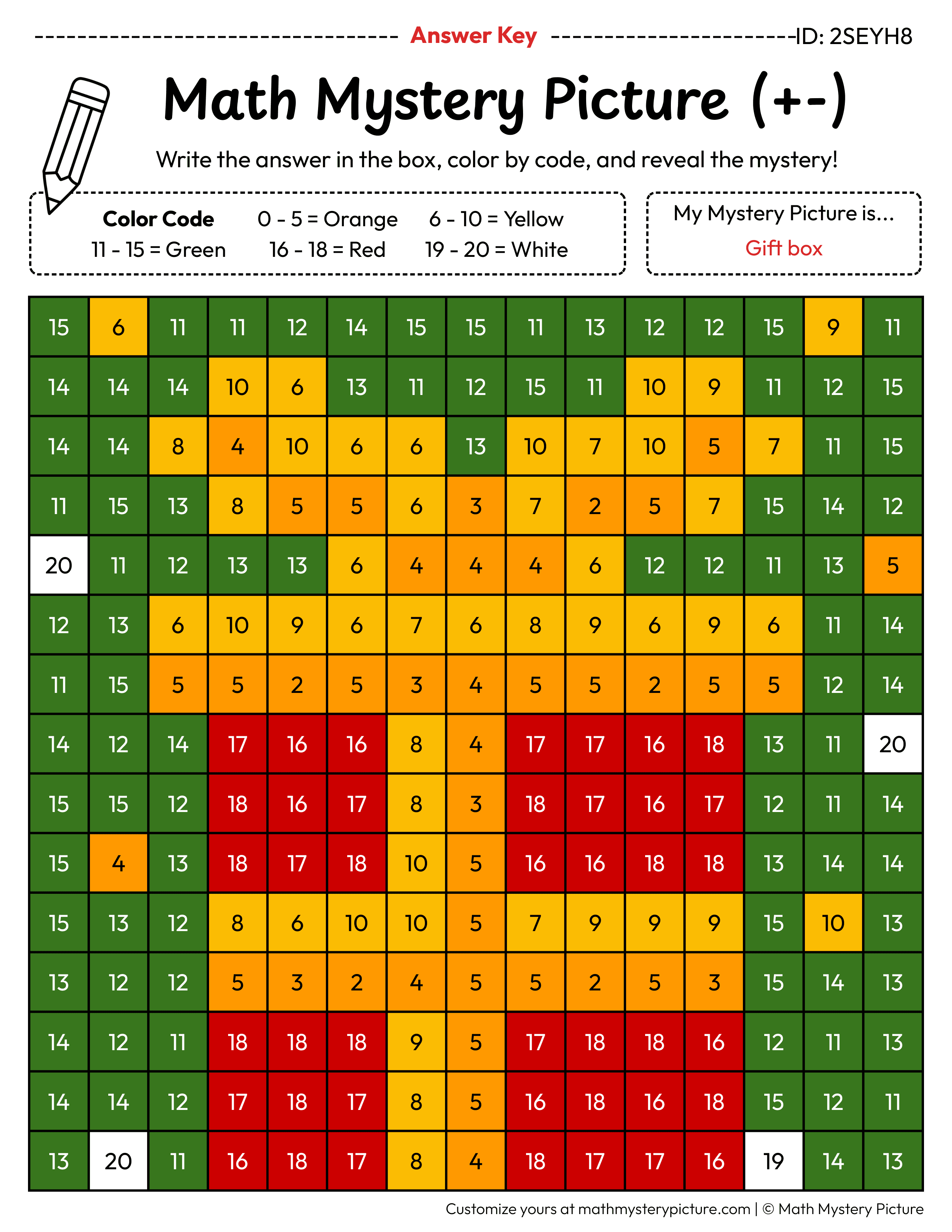 Christmas Gift Box Mixed Addition and Subtraction Within 20 Math Mystery Picture Color by Number Answer Key