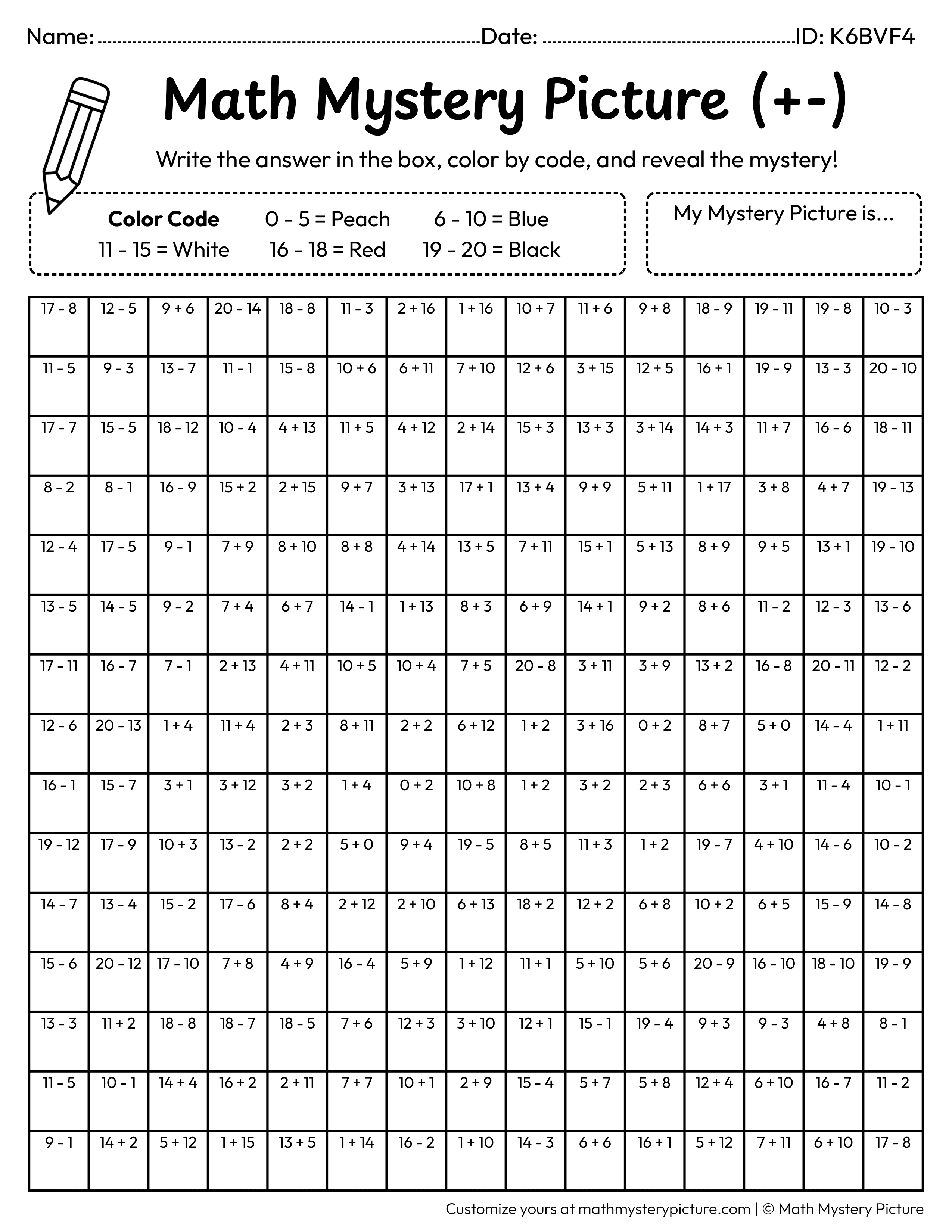 Christmas Santa Mixed Addition and Subtraction Within 20 Math Mystery Picture Coloring Worksheet