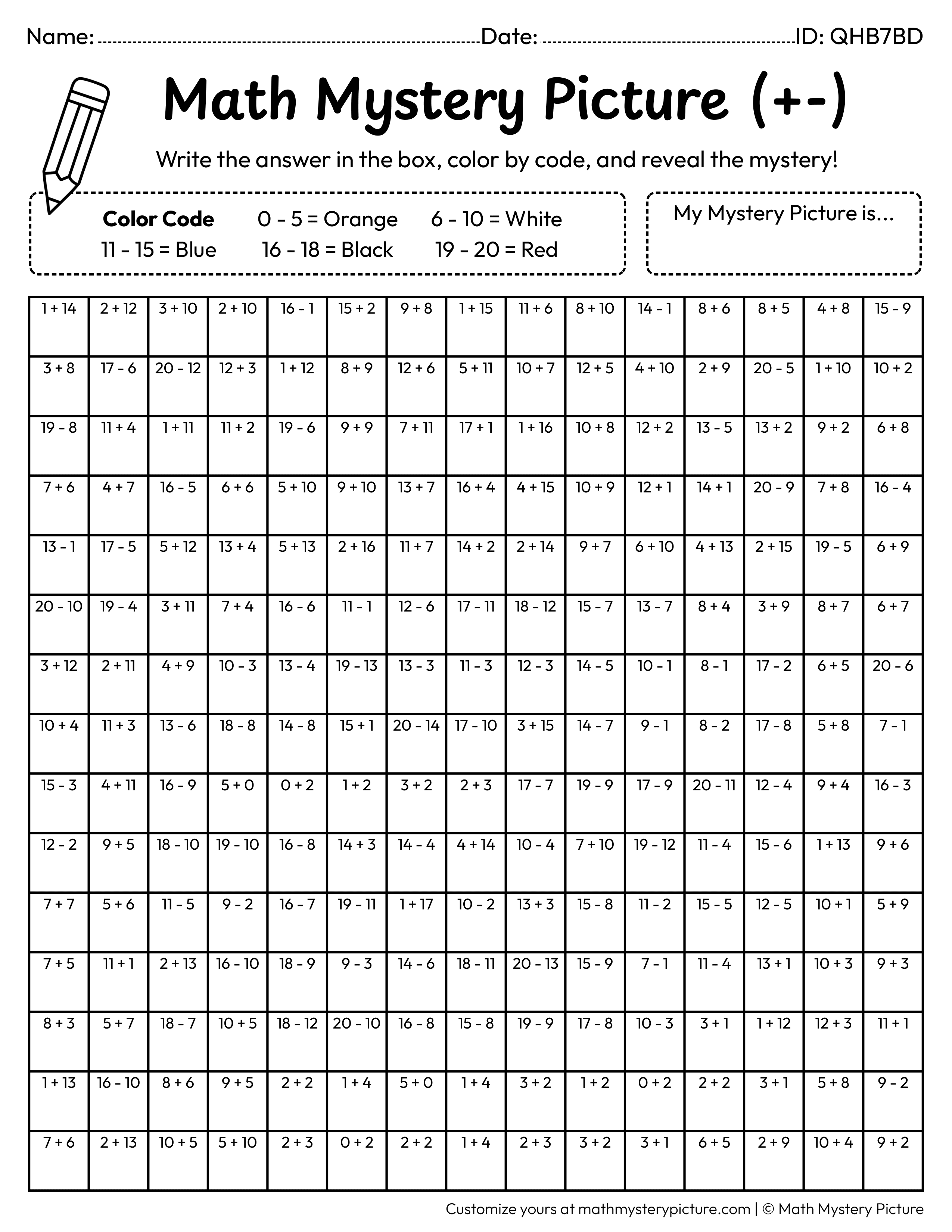 Christmas Snowman Mixed Addition and Subtraction Within 20 Math Mystery Picture Coloring Worksheet