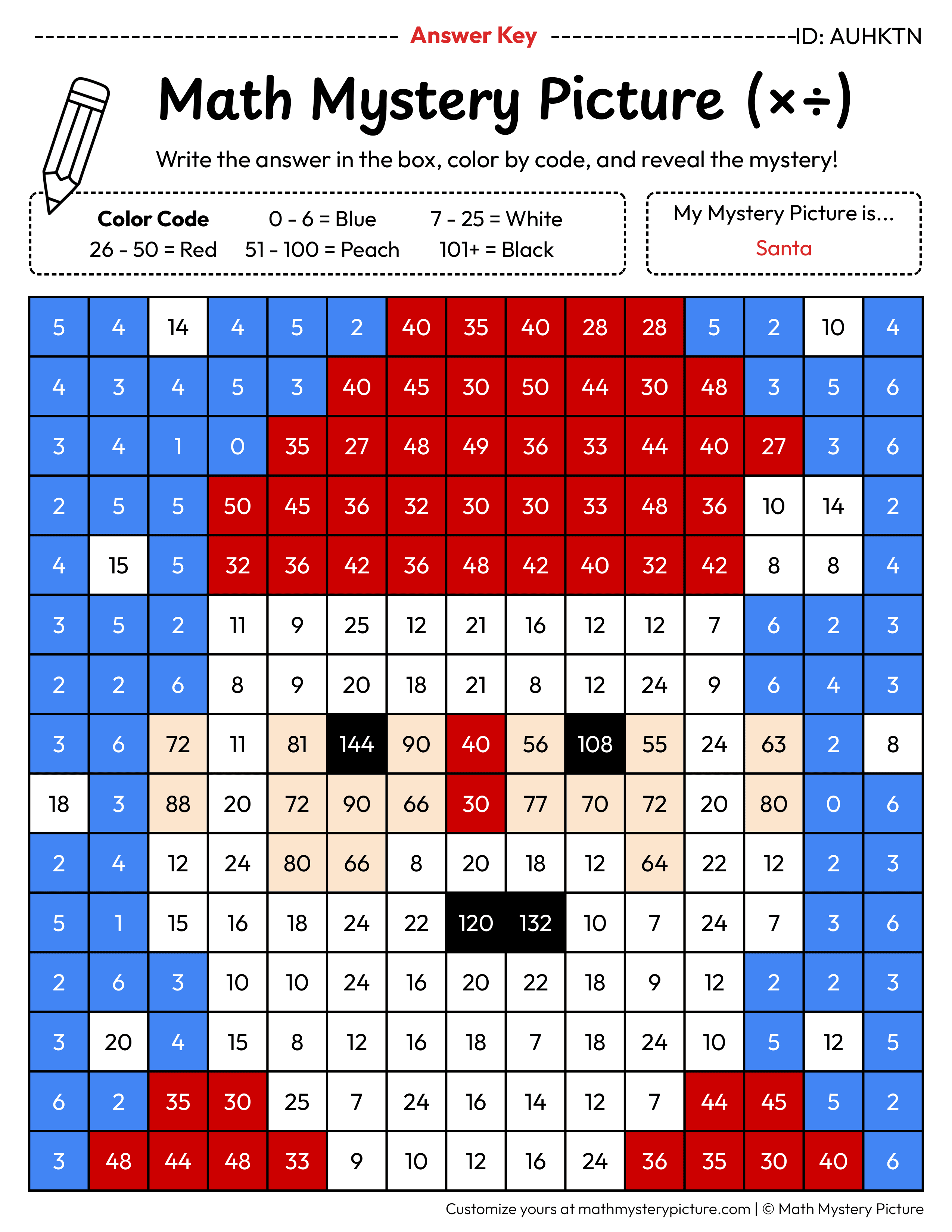 Christmas Santa Mixed Multiplication and Division Facts Math Mystery Picture Color by Number Answer Key