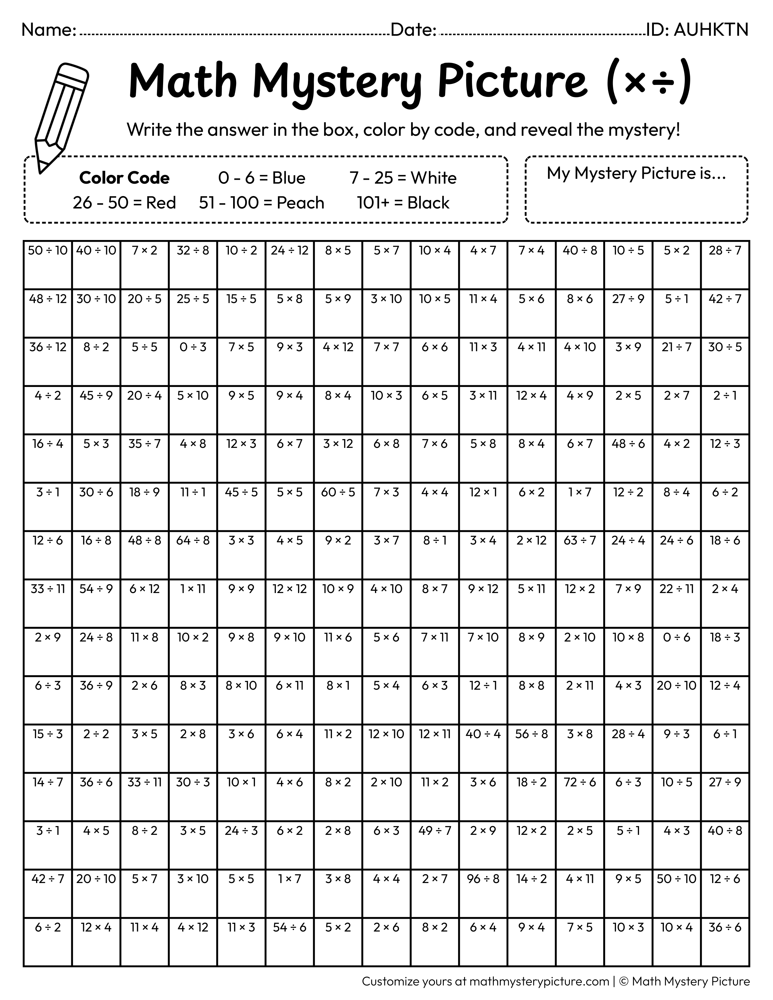 Christmas Santa Mixed Multiplication and Division Facts Math Mystery Picture Coloring Worksheet