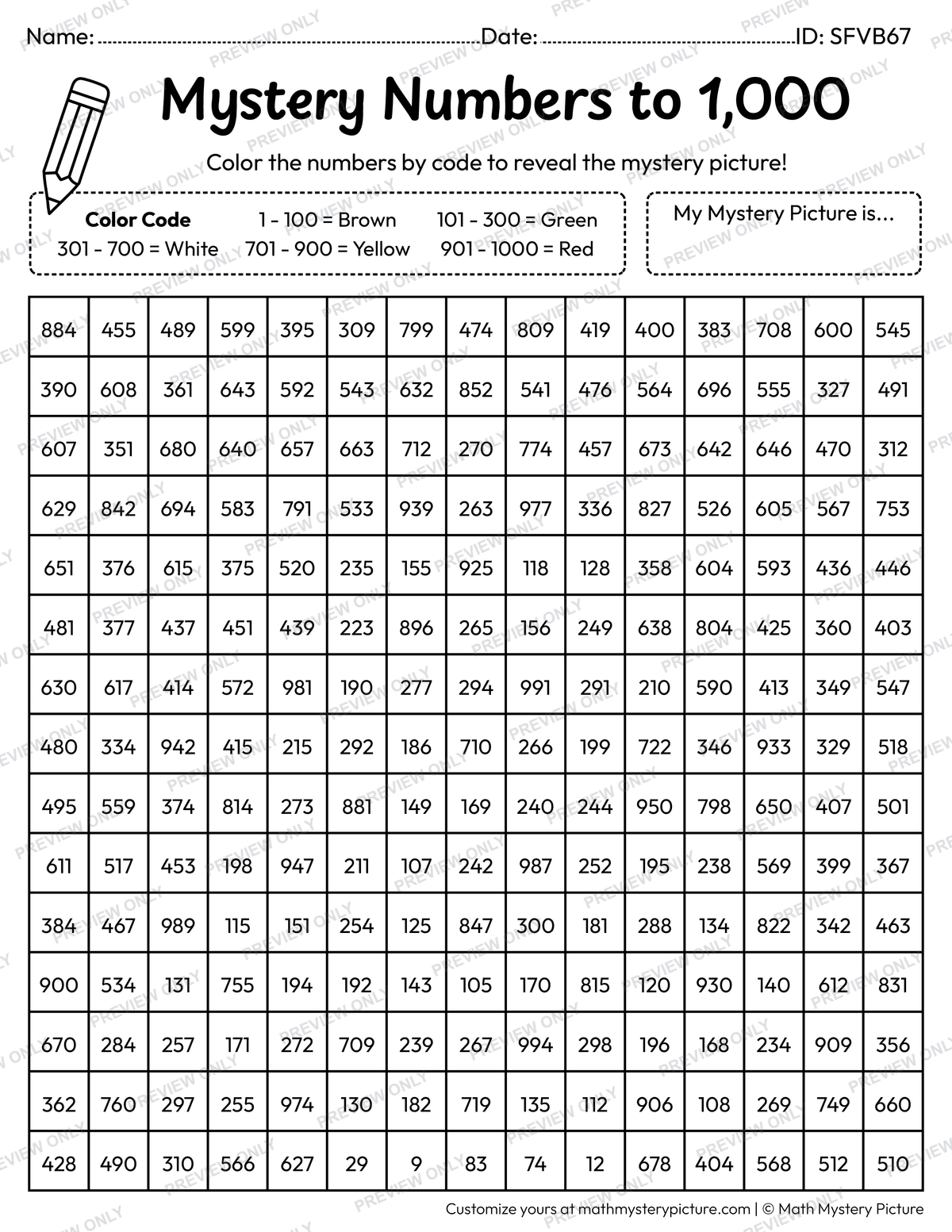 Christmas Tree Numbers to 1,000 Math Mystery Picture Coloring Worksheet
