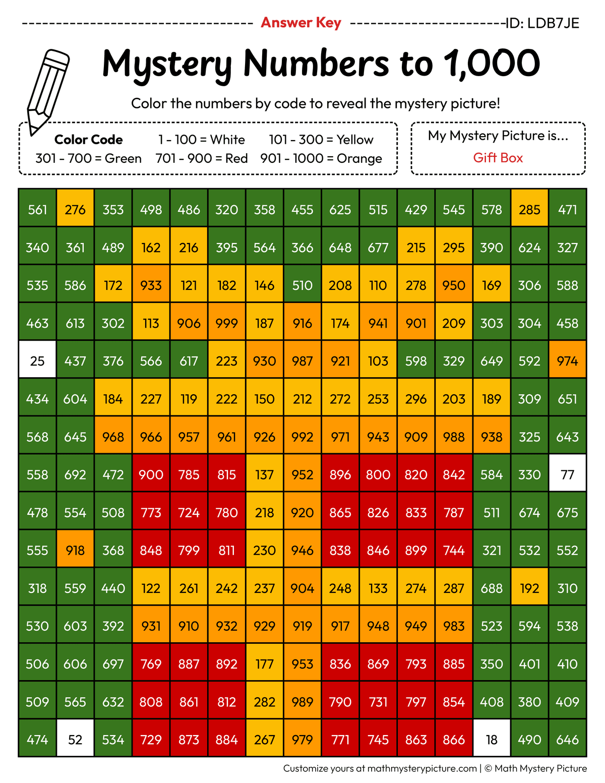 Christmas Gift Box Numbers to 1,000 Math Mystery Picture Color by Number Answer Key