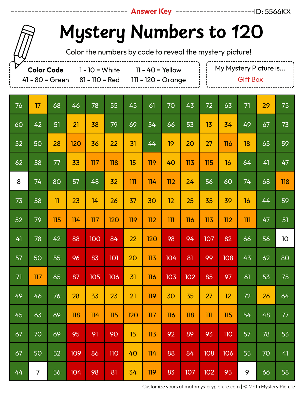 Christmas Gift Box Numbers to 120 Math Mystery Picture Color by Number Answer Key