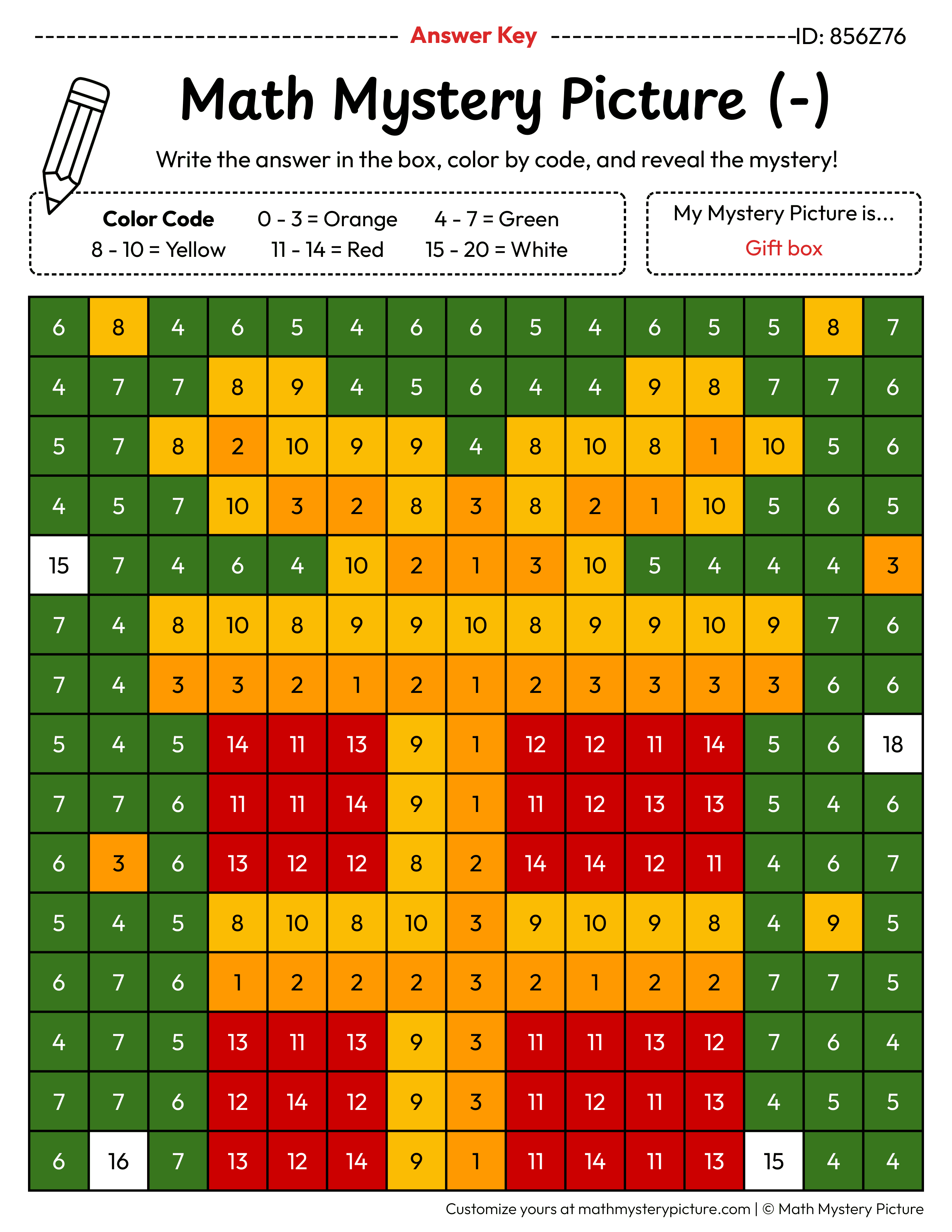 Christmas Gift Box Subtraction Within 20 Math Mystery Picture Color by Number Answer Key