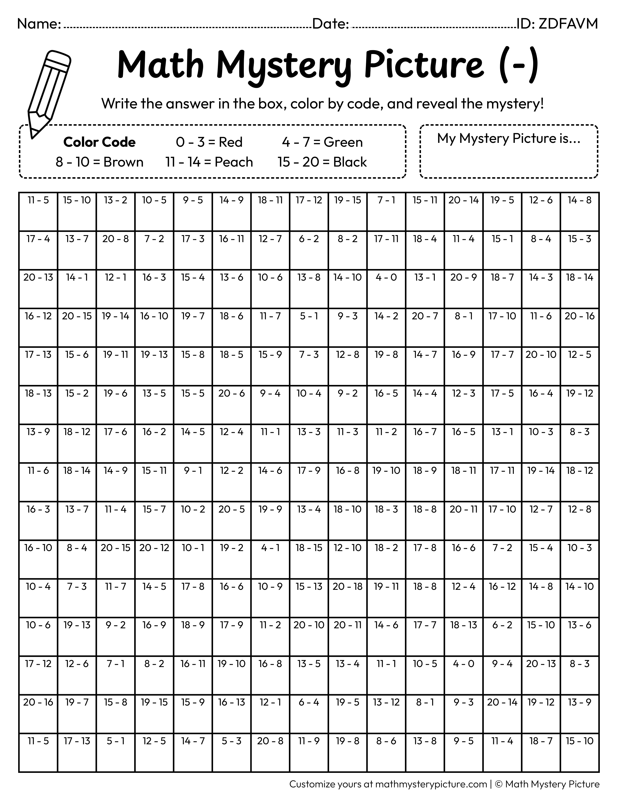 Christmas Reindeer Subtraction Within 20 Math Mystery Picture Coloring Worksheet