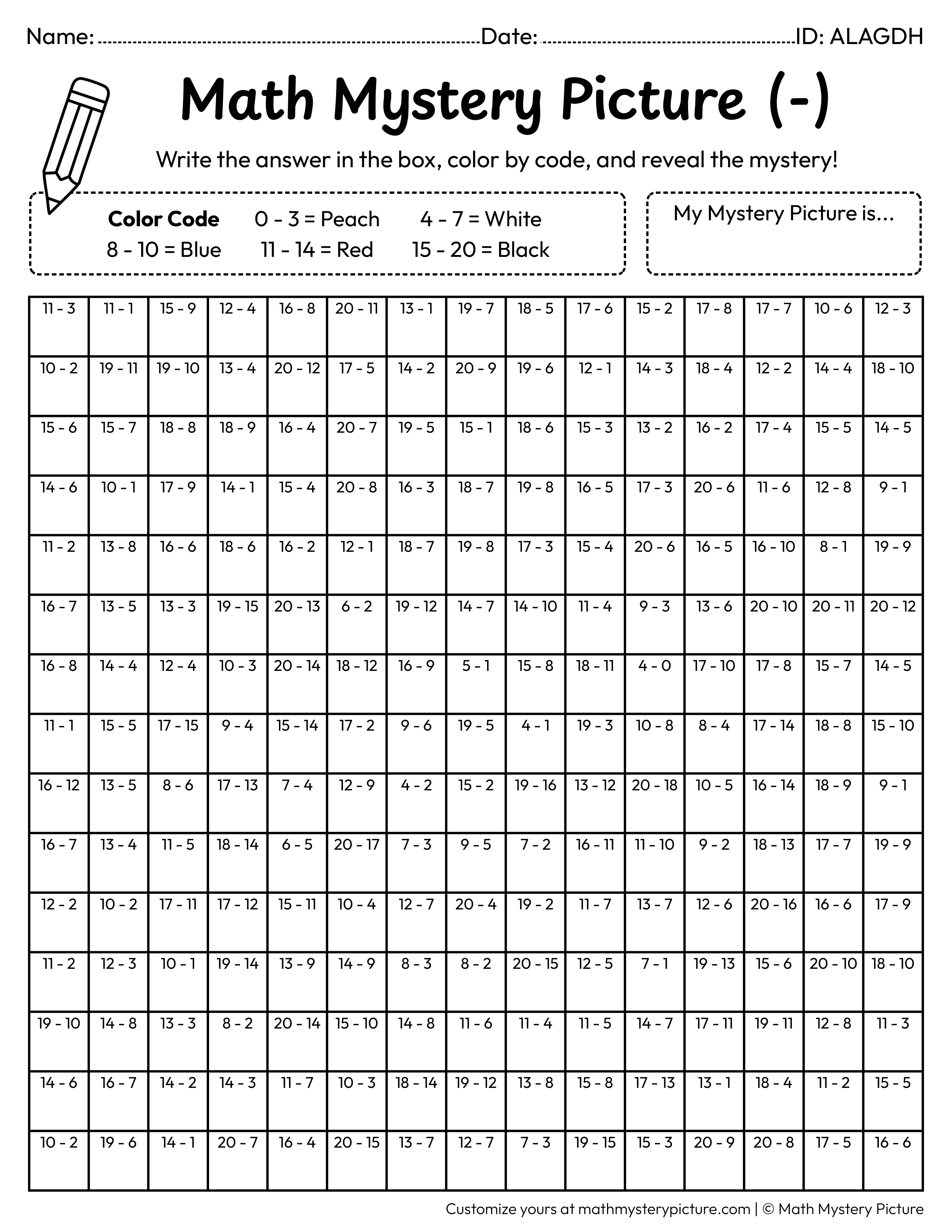 Christmas Santa Subtraction Within 20 Math Mystery Picture Coloring Worksheet