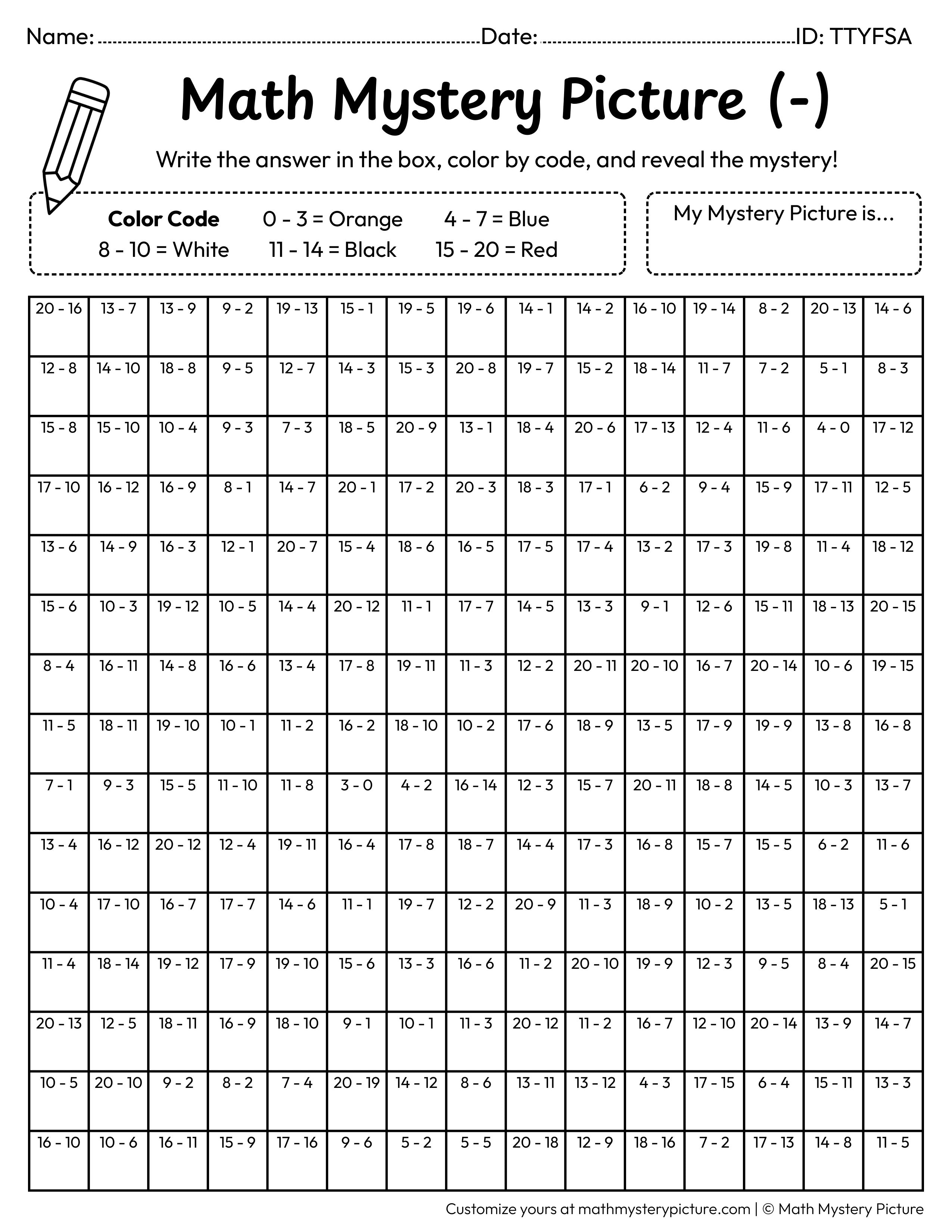 Christmas Snowman Subtraction Within 20 Math Mystery Picture Coloring Worksheet