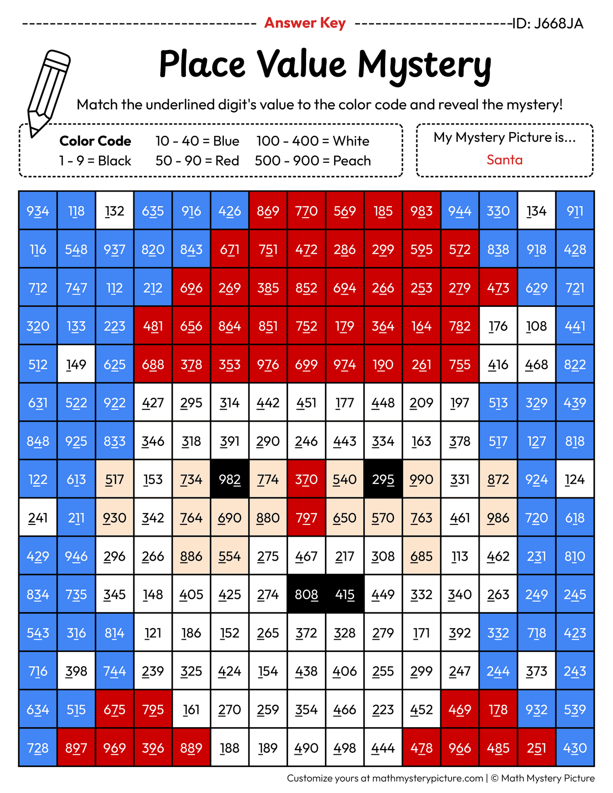 Christmas Santa Value of Underlined Digit Math Mystery Picture Color by Number Answer Key