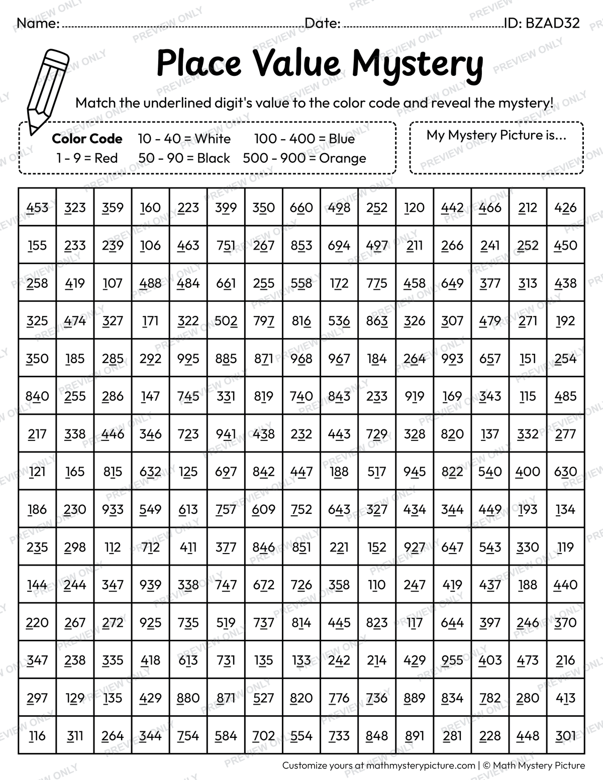 Christmas Snowman Value of Underlined Digit Math Mystery Picture Coloring Worksheet