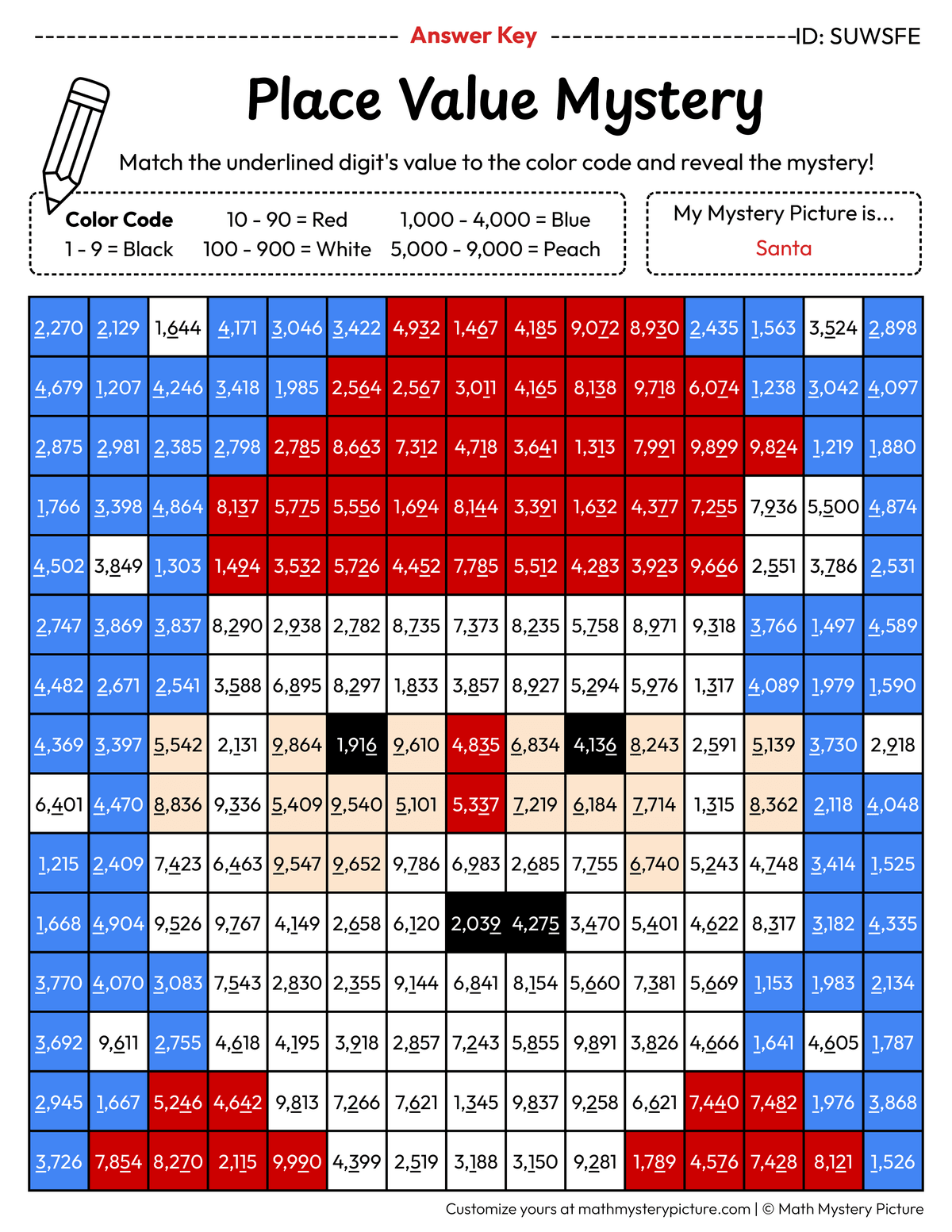 Christmas Santa Value of Underlined Digit Math Mystery Picture Color by Number Answer Key
