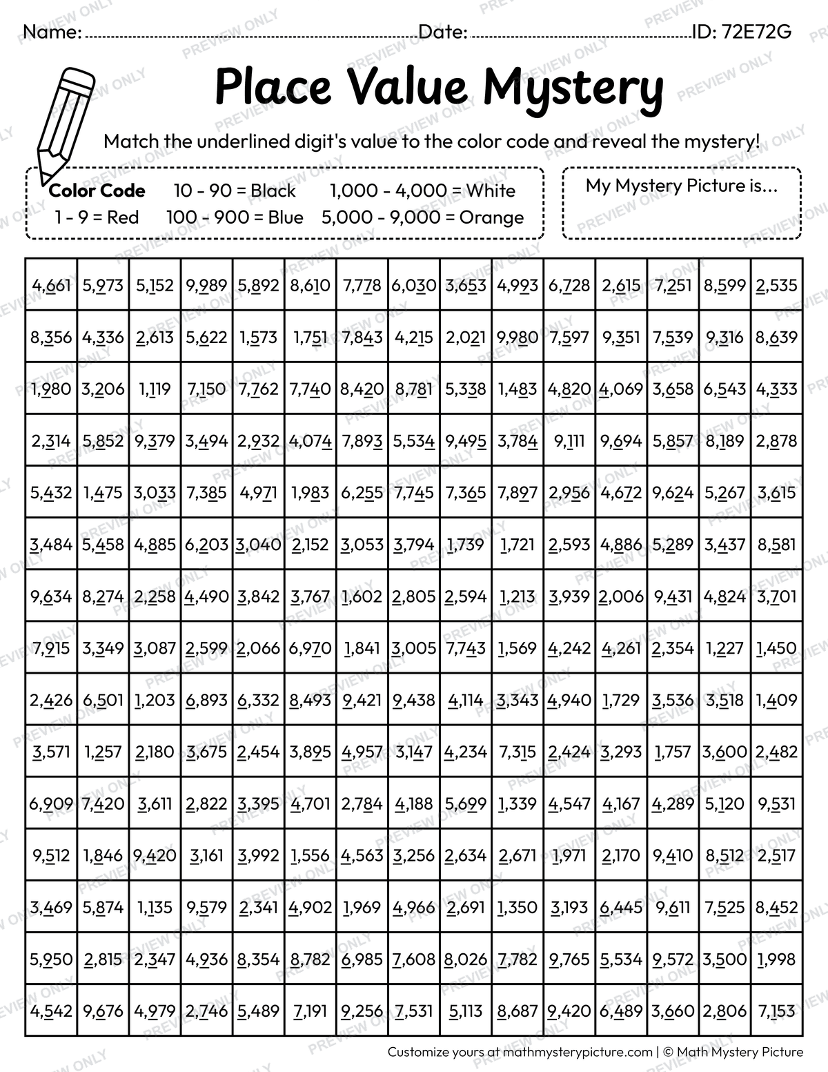 Christmas Snowman Value of Underlined Digit Math Mystery Picture Coloring Worksheet