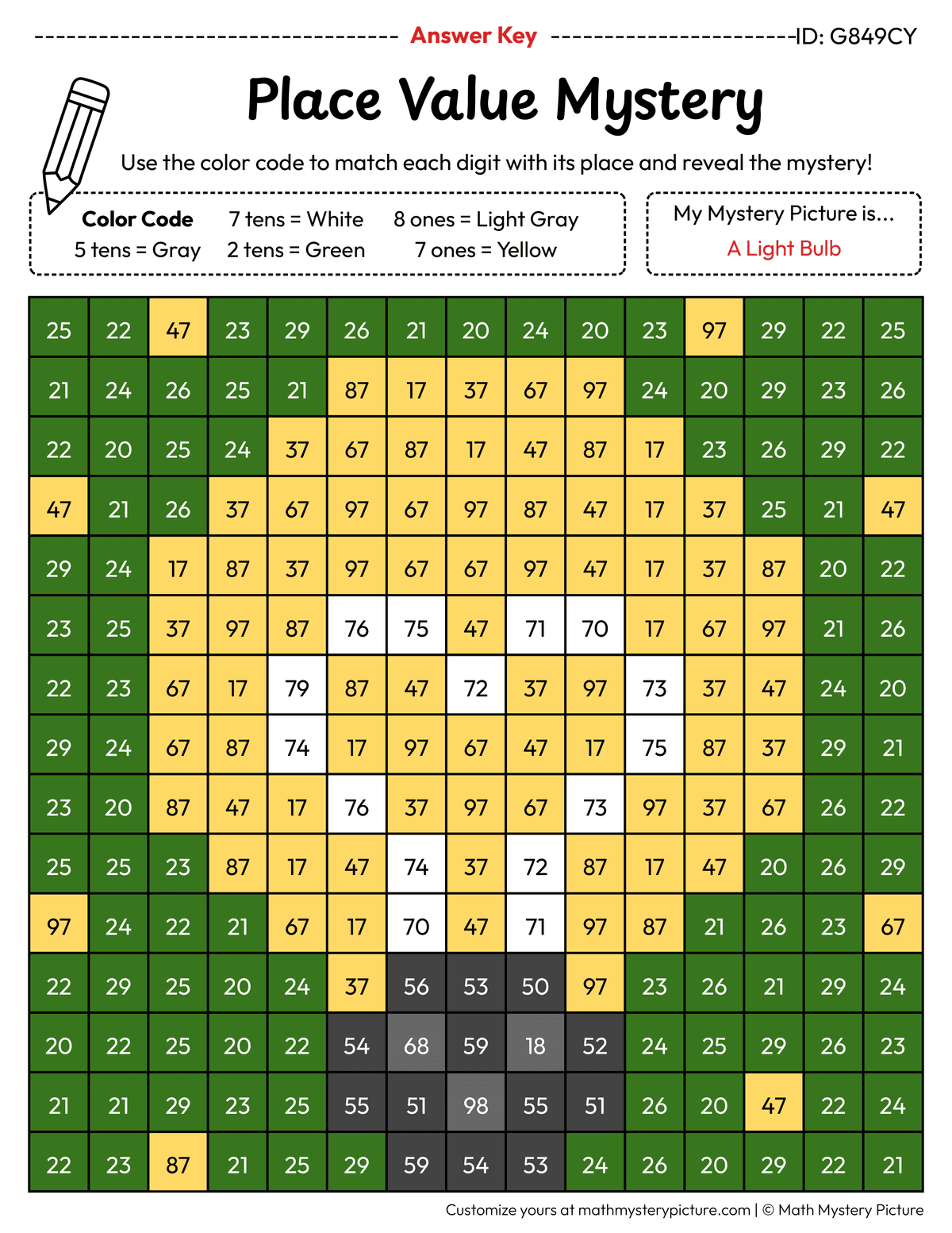 Earth Day Light Bulb 2-digit Place Value Math Mystery Picture Color by Number Answer Key