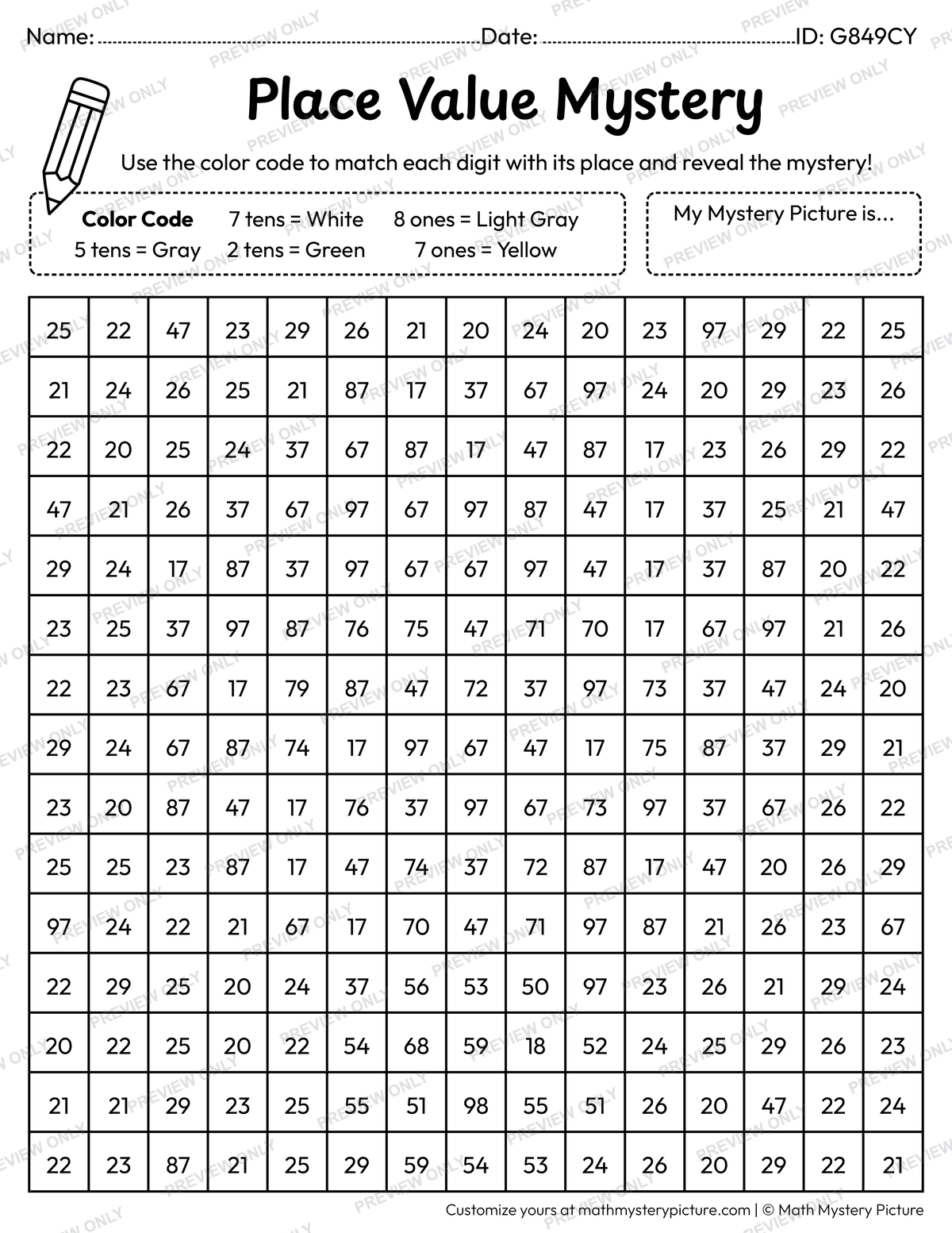 Earth Day Light Bulb 2-digit Place Value Math Mystery Picture Coloring Worksheet
