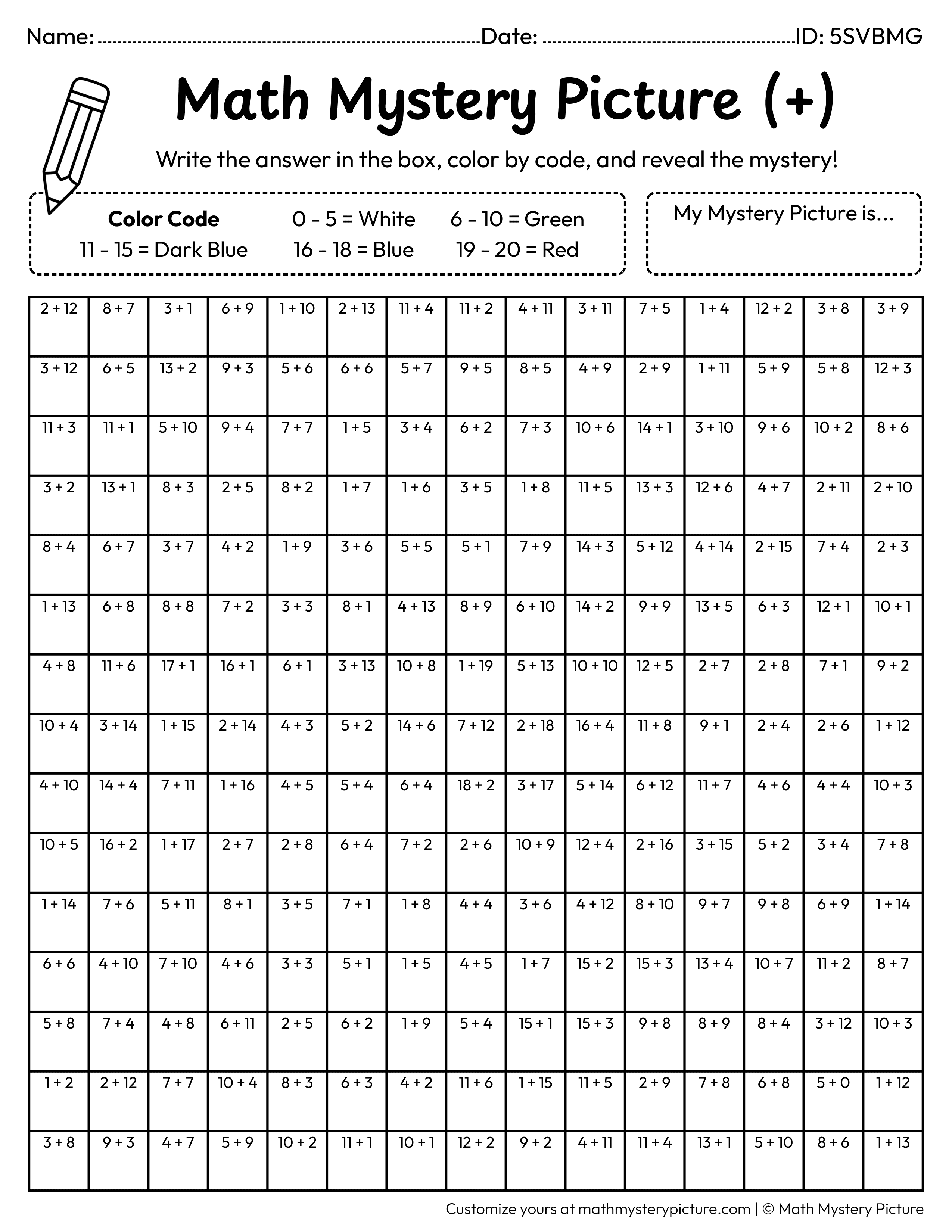 Earth Addition Within 20 Math Mystery Picture Coloring Worksheet