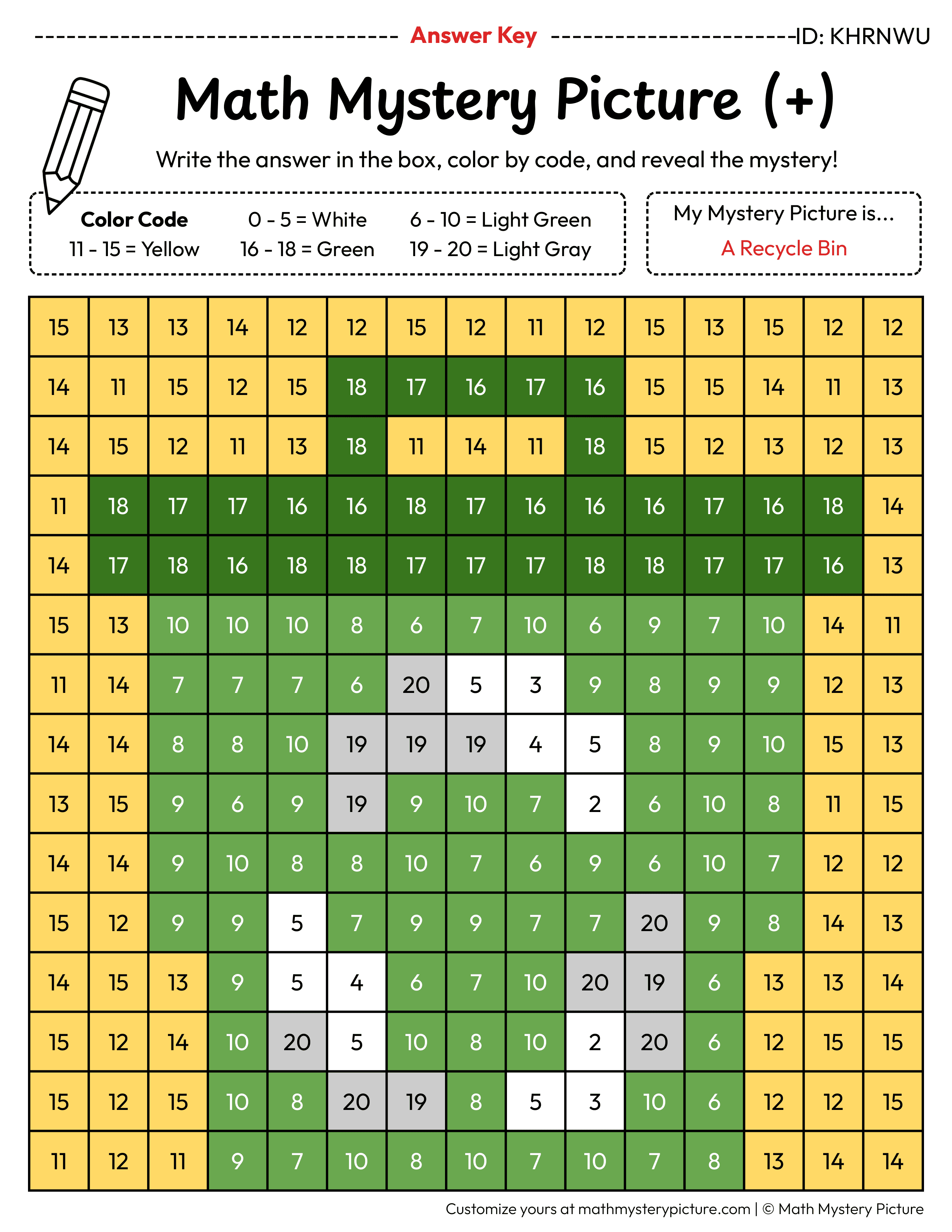 Earth Day Recycle Bin Addition Within 20 Math Mystery Picture Color by Number Answer Key