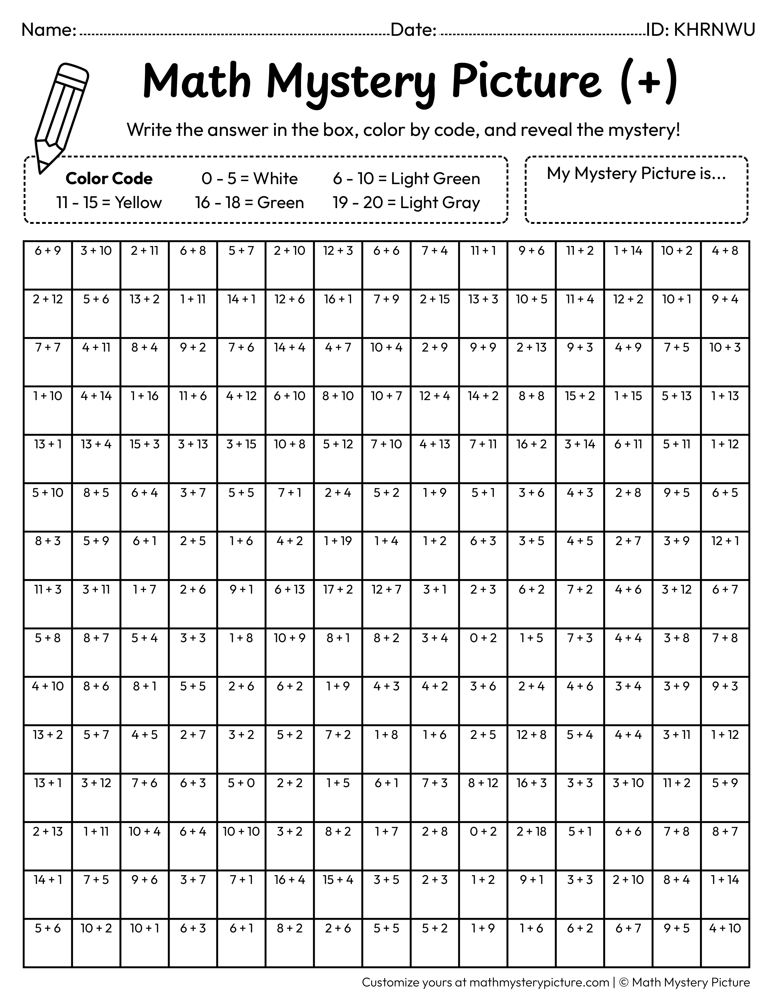 Earth Day Recycle Bin Addition Within 20 Math Mystery Picture Coloring Worksheet