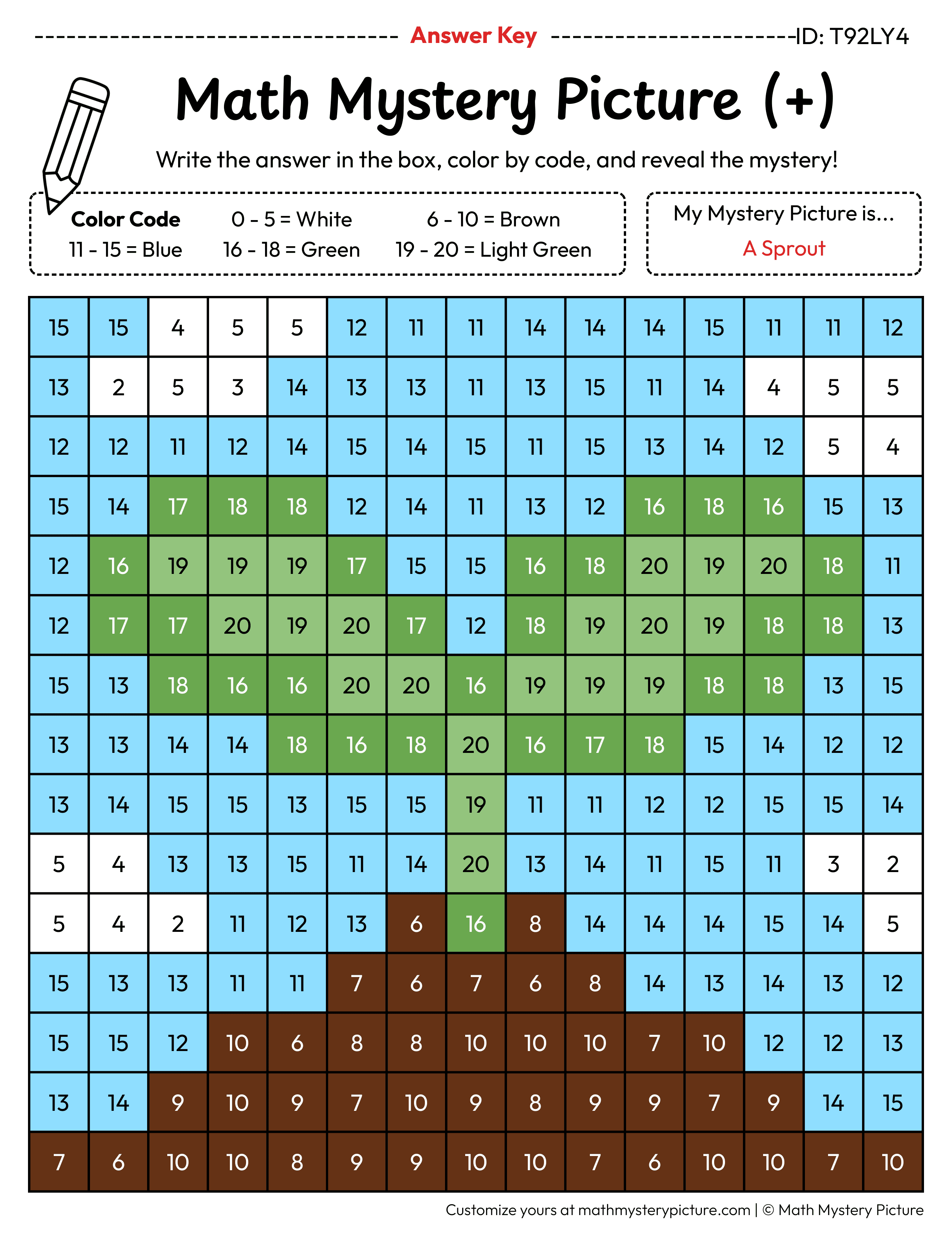Earth Day Sprout Addition Within 20 Math Mystery Picture Color by Number Answer Key