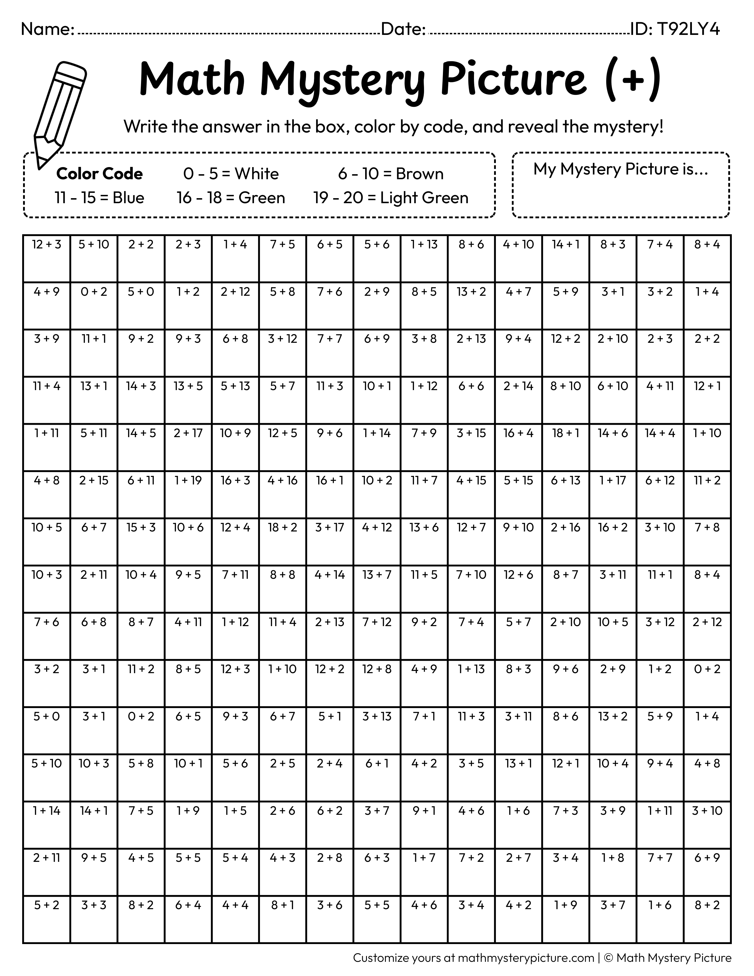 Earth Day Sprout Addition Within 20 Math Mystery Picture Coloring Worksheet