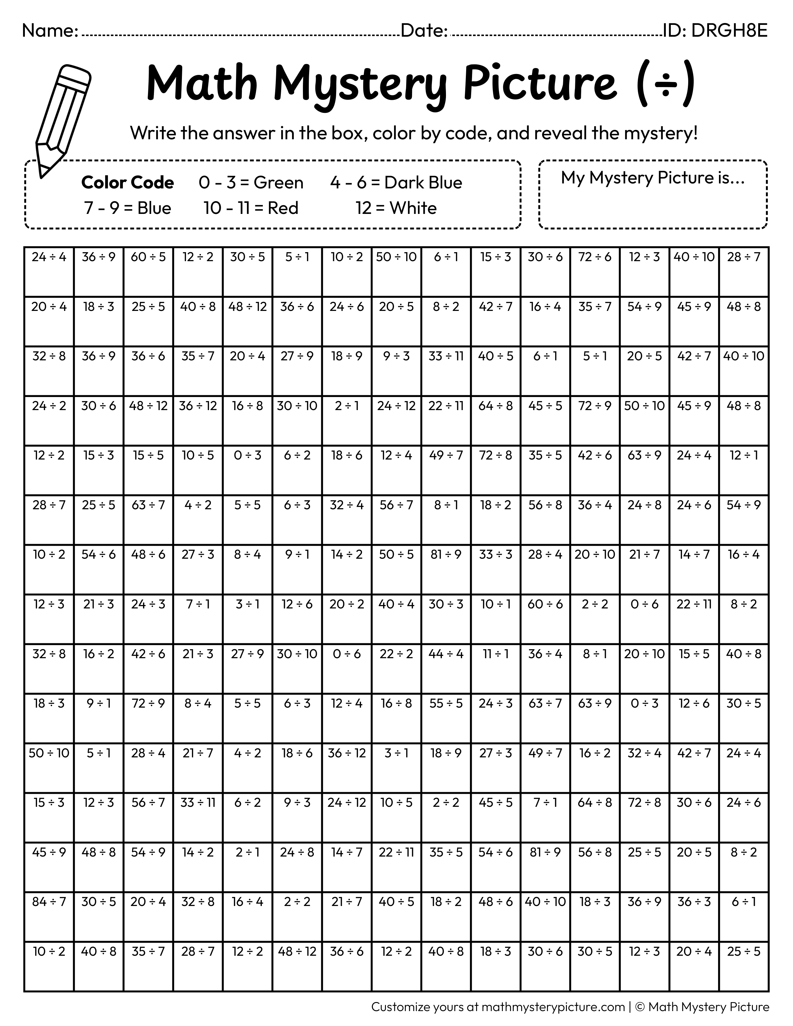 Earth Division Facts Math Mystery Picture Coloring Worksheet