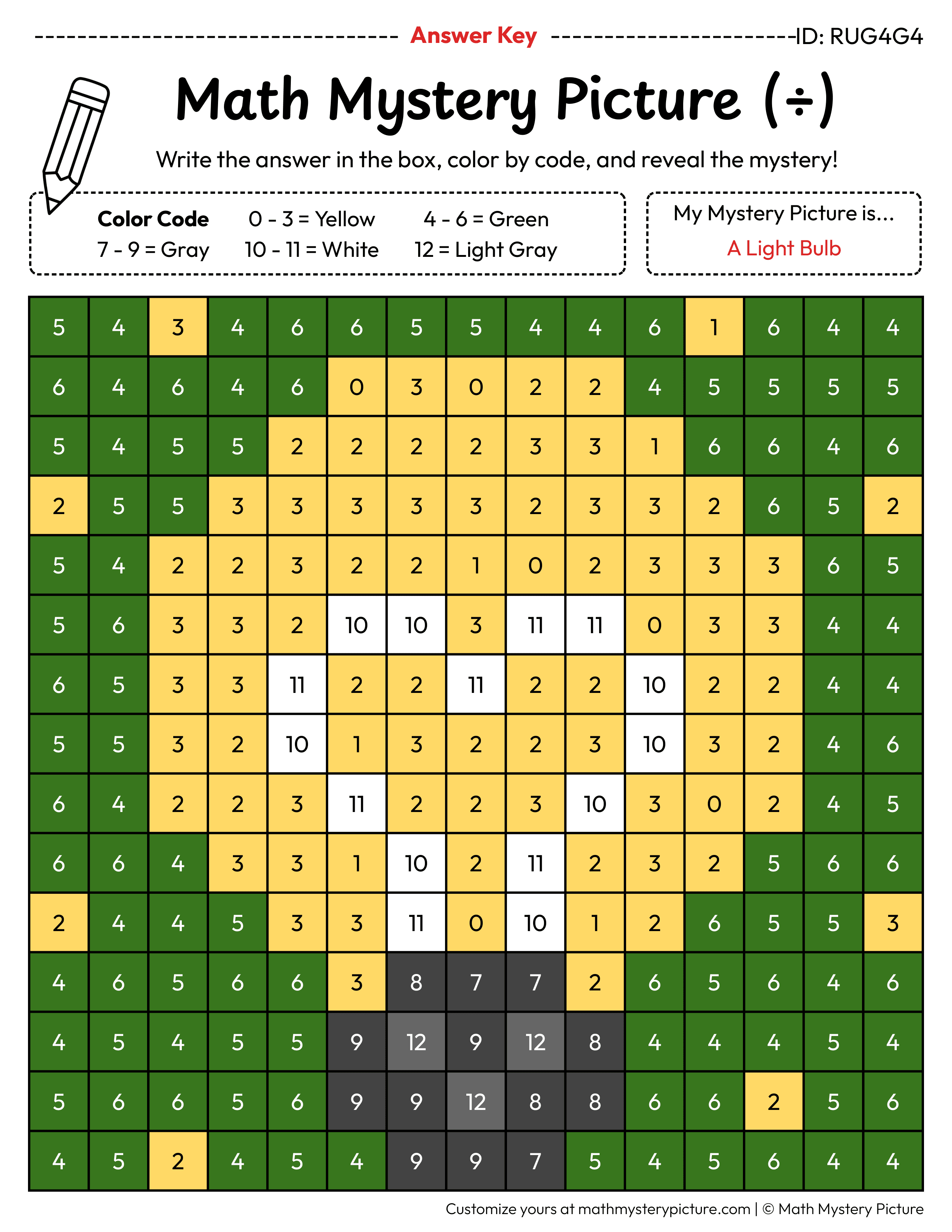 Earth Day Light Bulb Division Facts Math Mystery Picture Color by Number Answer Key