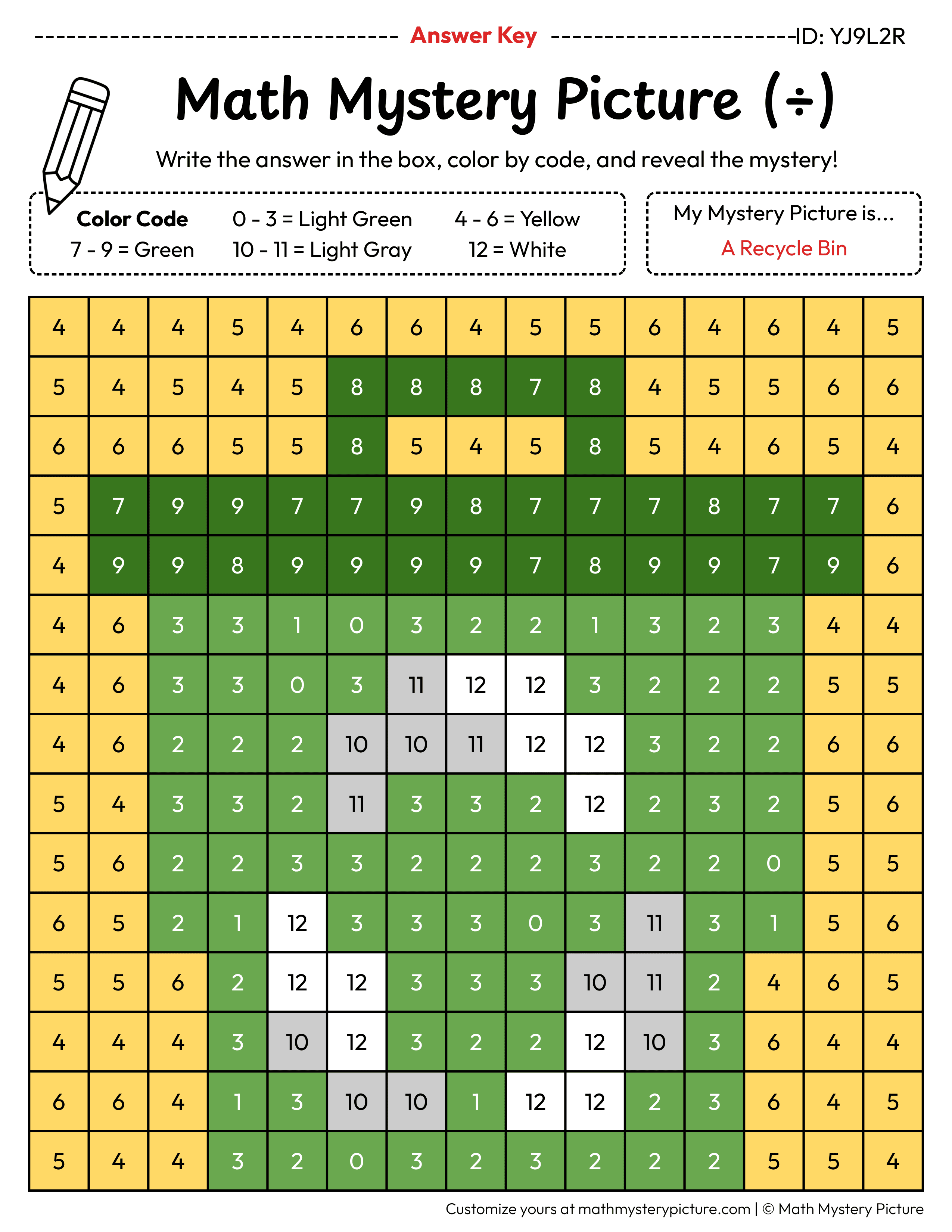 Earth Day Recycle Bin Division Facts Math Mystery Picture Color by Number Answer Key