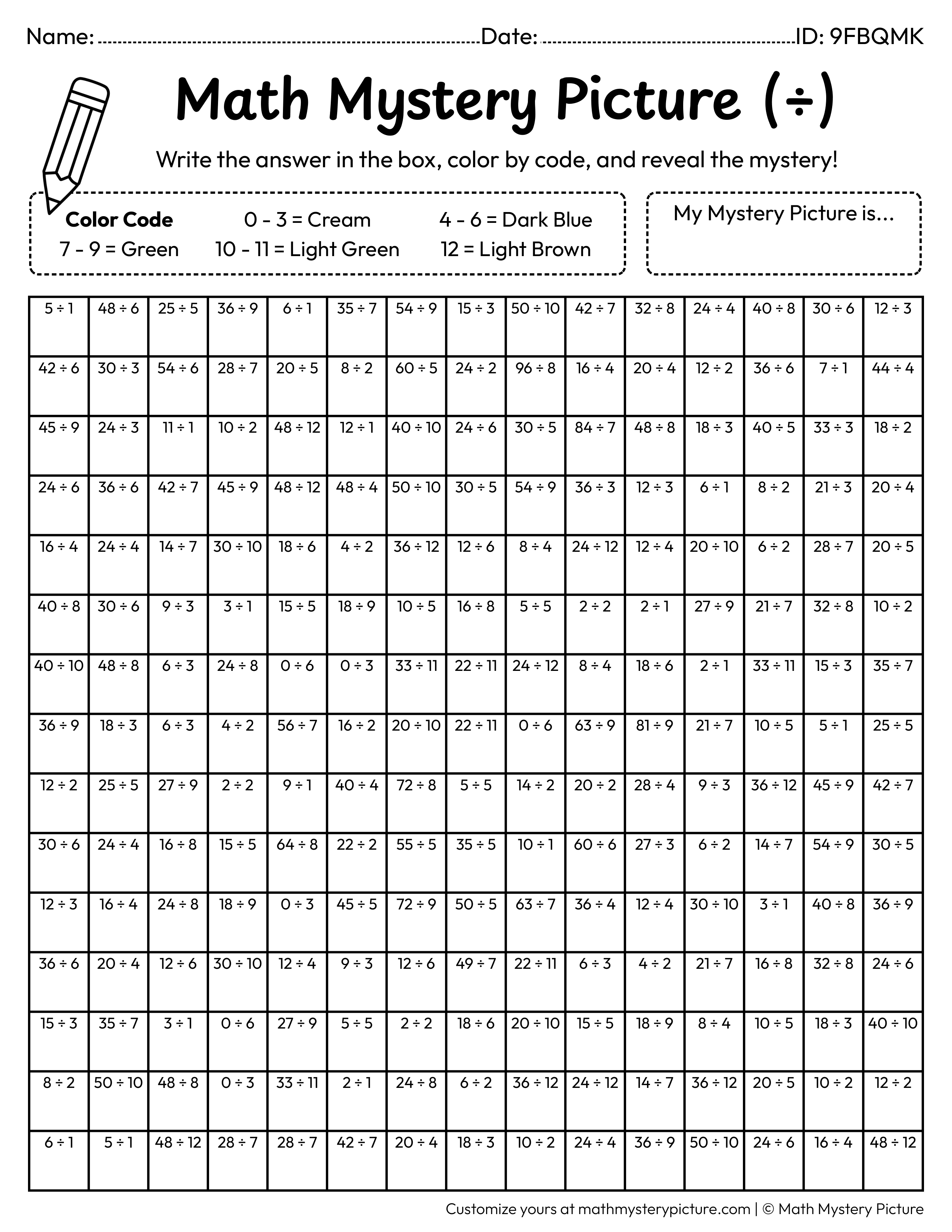 Earth Day Reusable Bag Division Facts Math Mystery Picture Coloring Worksheet