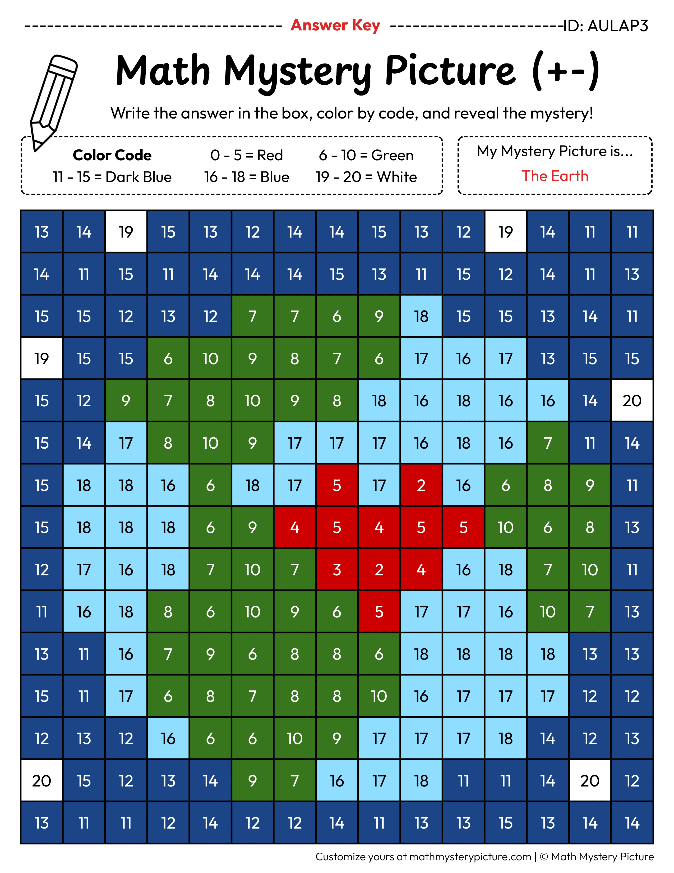 Earth Mixed Addition and Subtraction Within 20 Math Mystery Picture Color by Number Answer Key