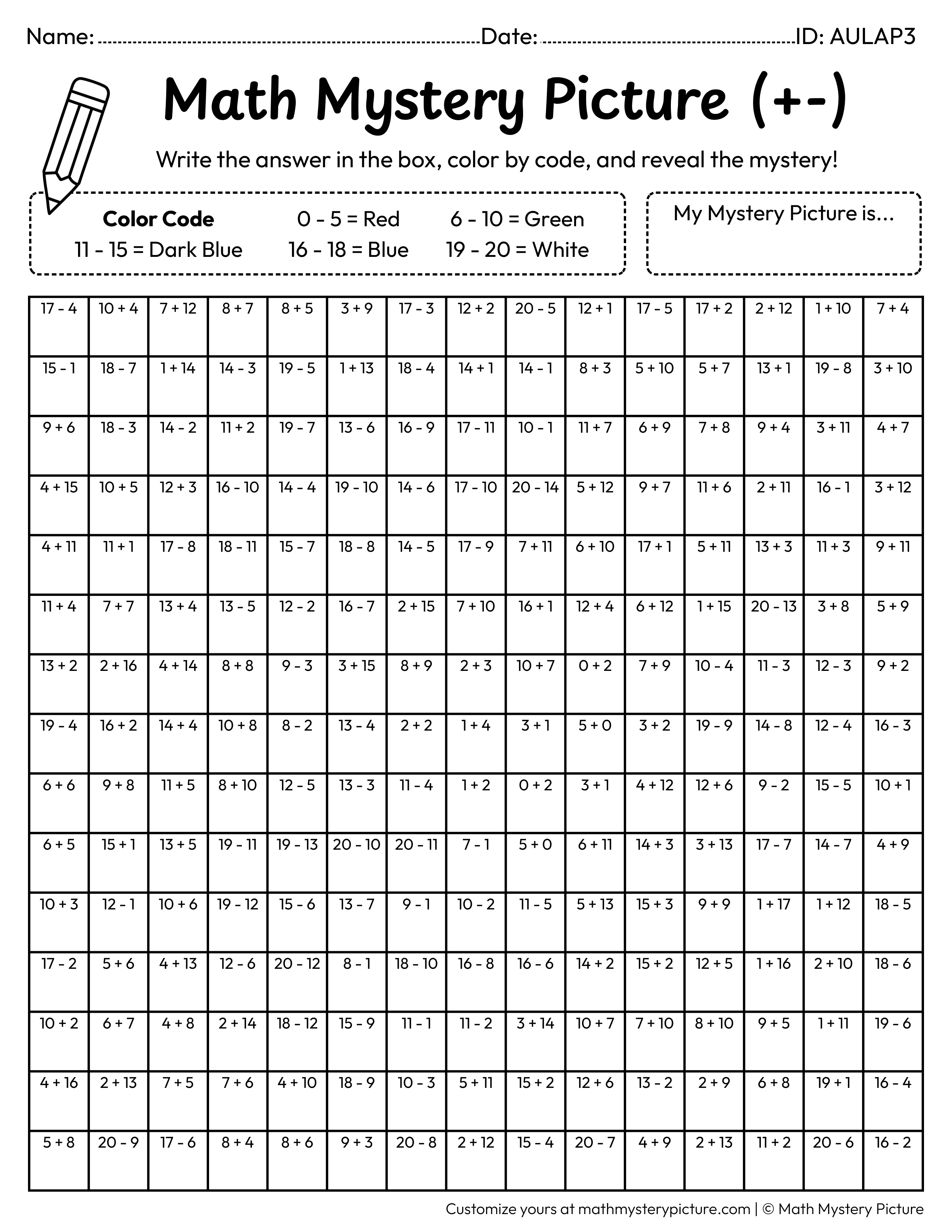 Earth Mixed Addition and Subtraction Within 20 Math Mystery Picture Coloring Worksheet