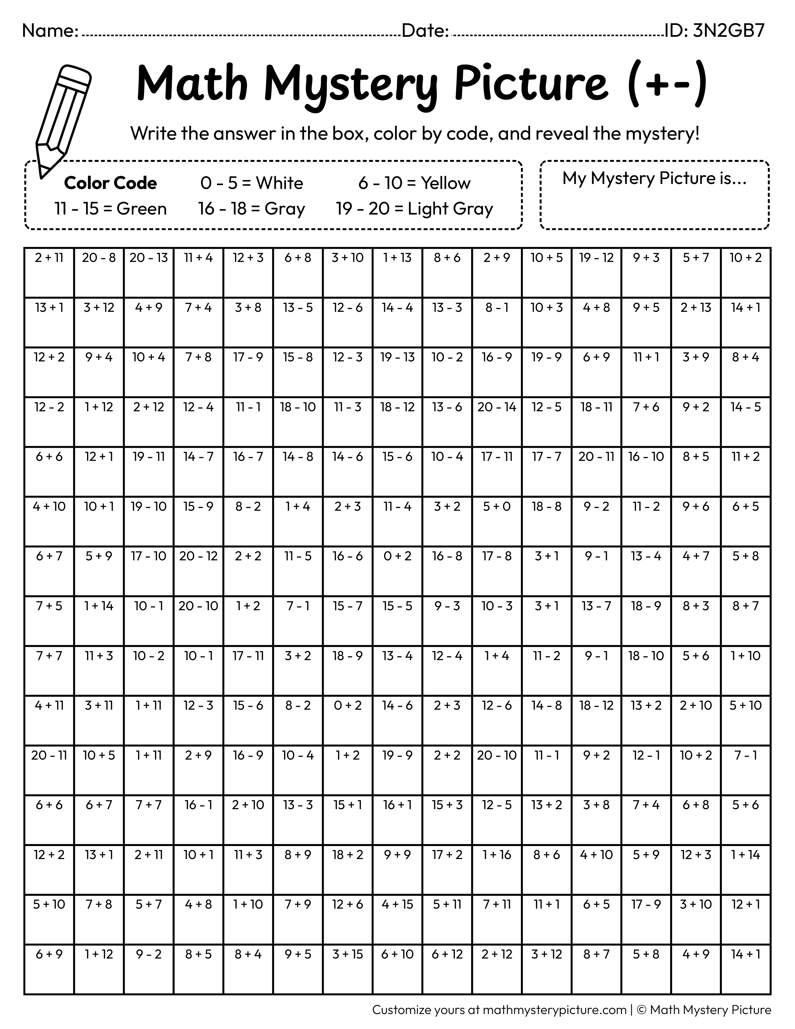 Earth Day Light Bulb Mixed Addition and Subtraction Within 20 Math Mystery Picture Coloring Worksheet