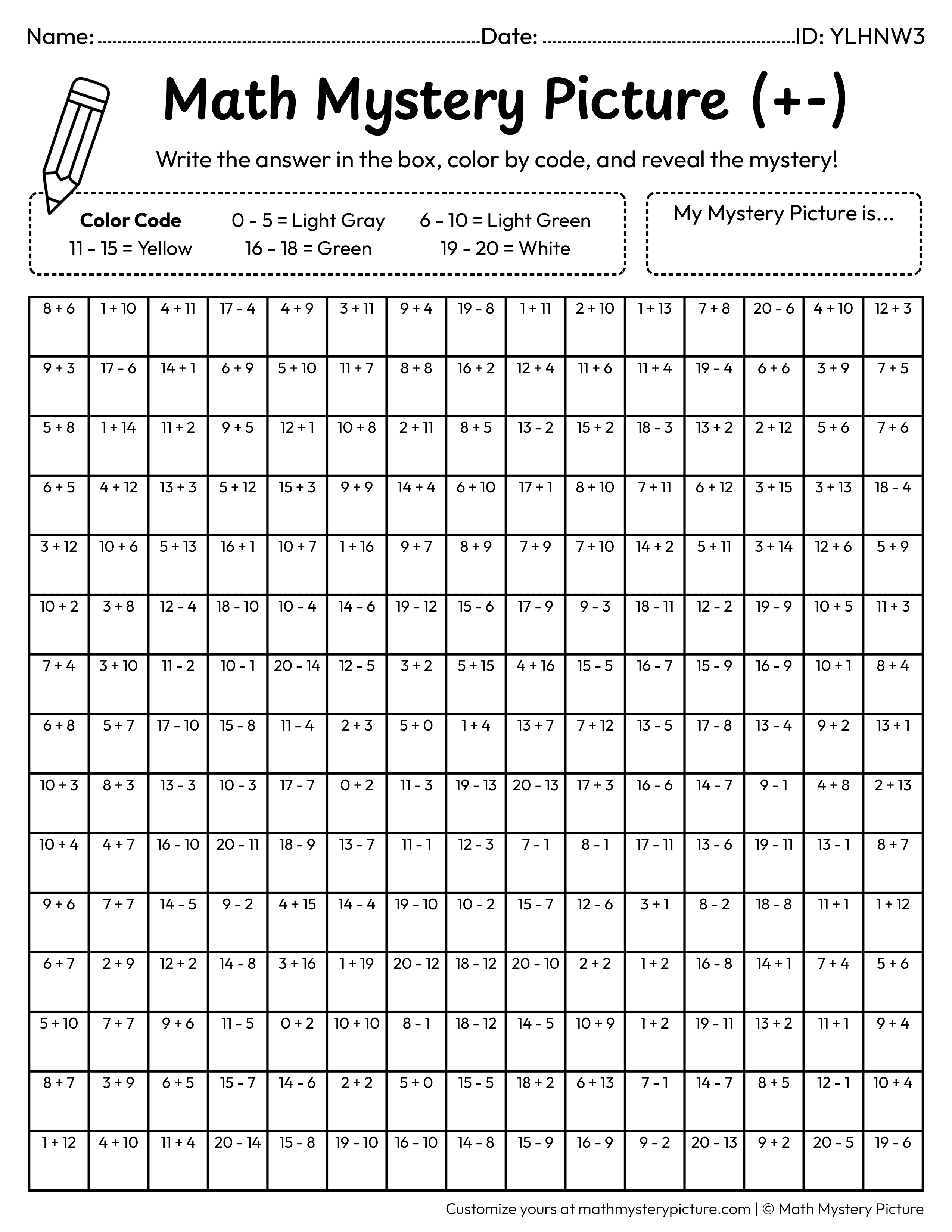 Earth Day Recycle Bin Mixed Addition and Subtraction Within 20 Math Mystery Picture Coloring Worksheet