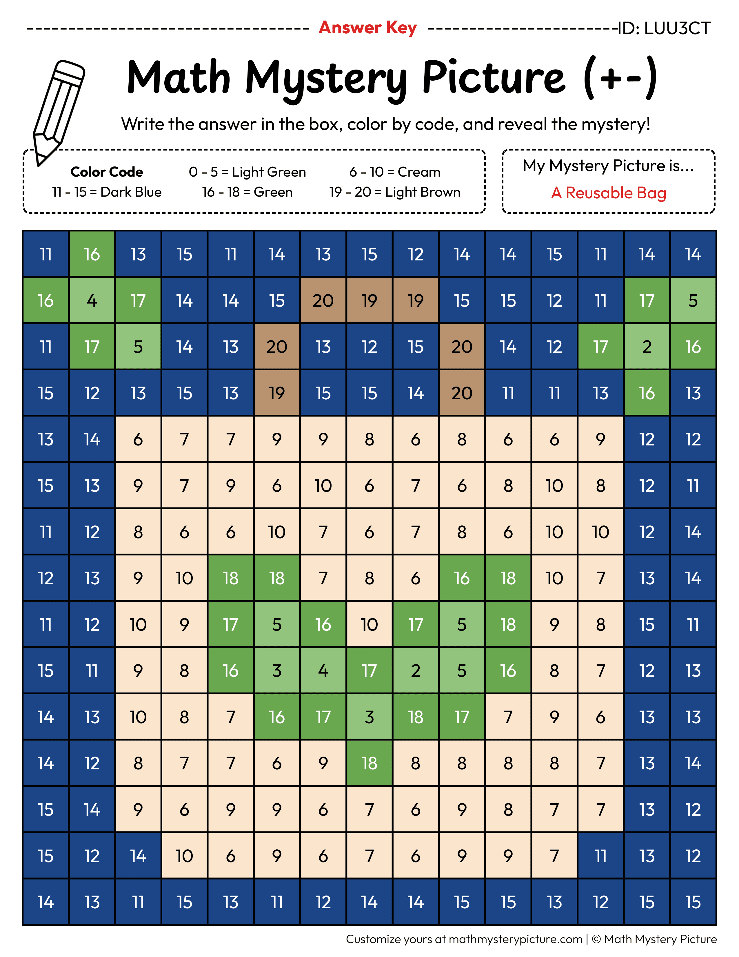 Earth Day Reusable Bag Mixed Addition and Subtraction Within 20 Math Mystery Picture Color by Number Answer Key