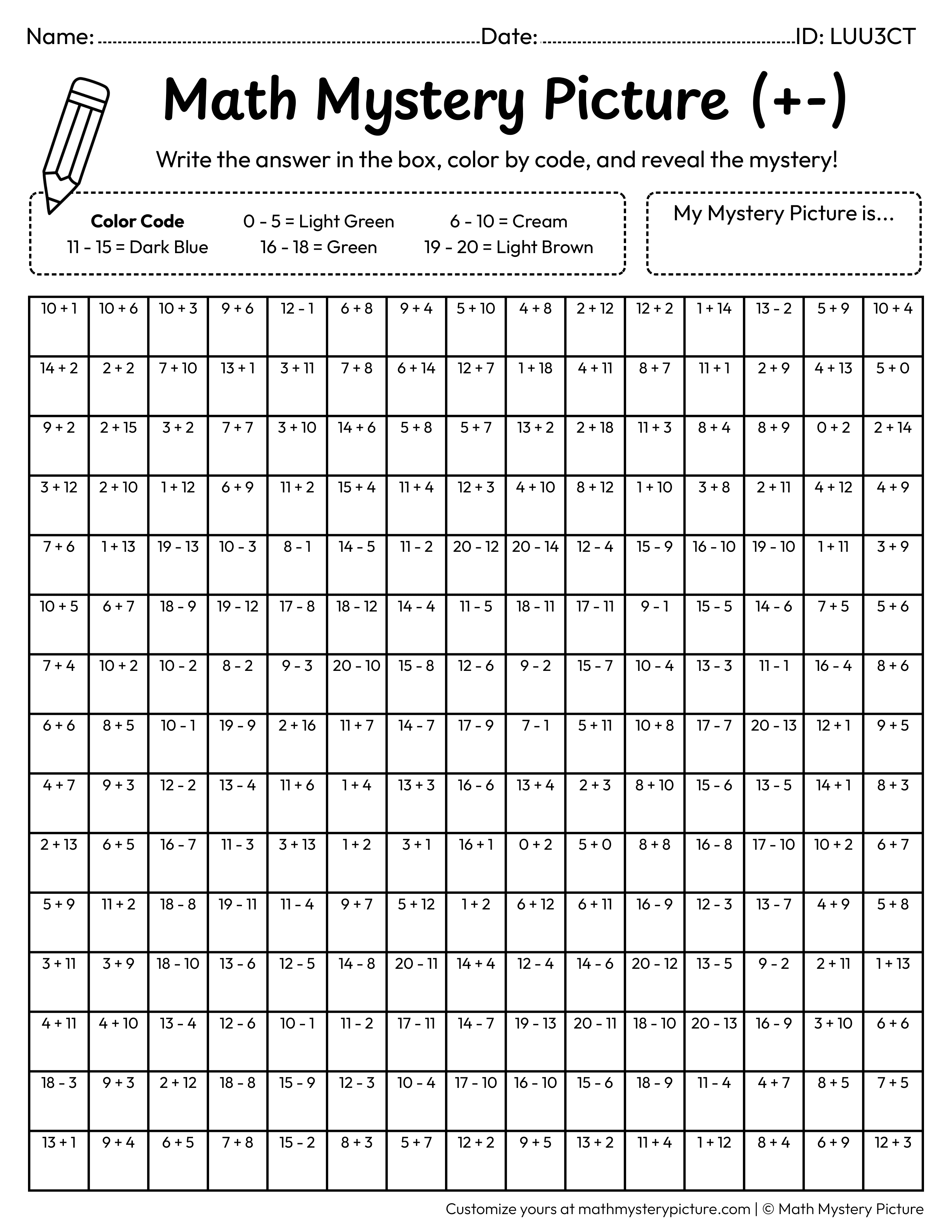Earth Day Reusable Bag Mixed Addition and Subtraction Within 20 Math Mystery Picture Coloring Worksheet
