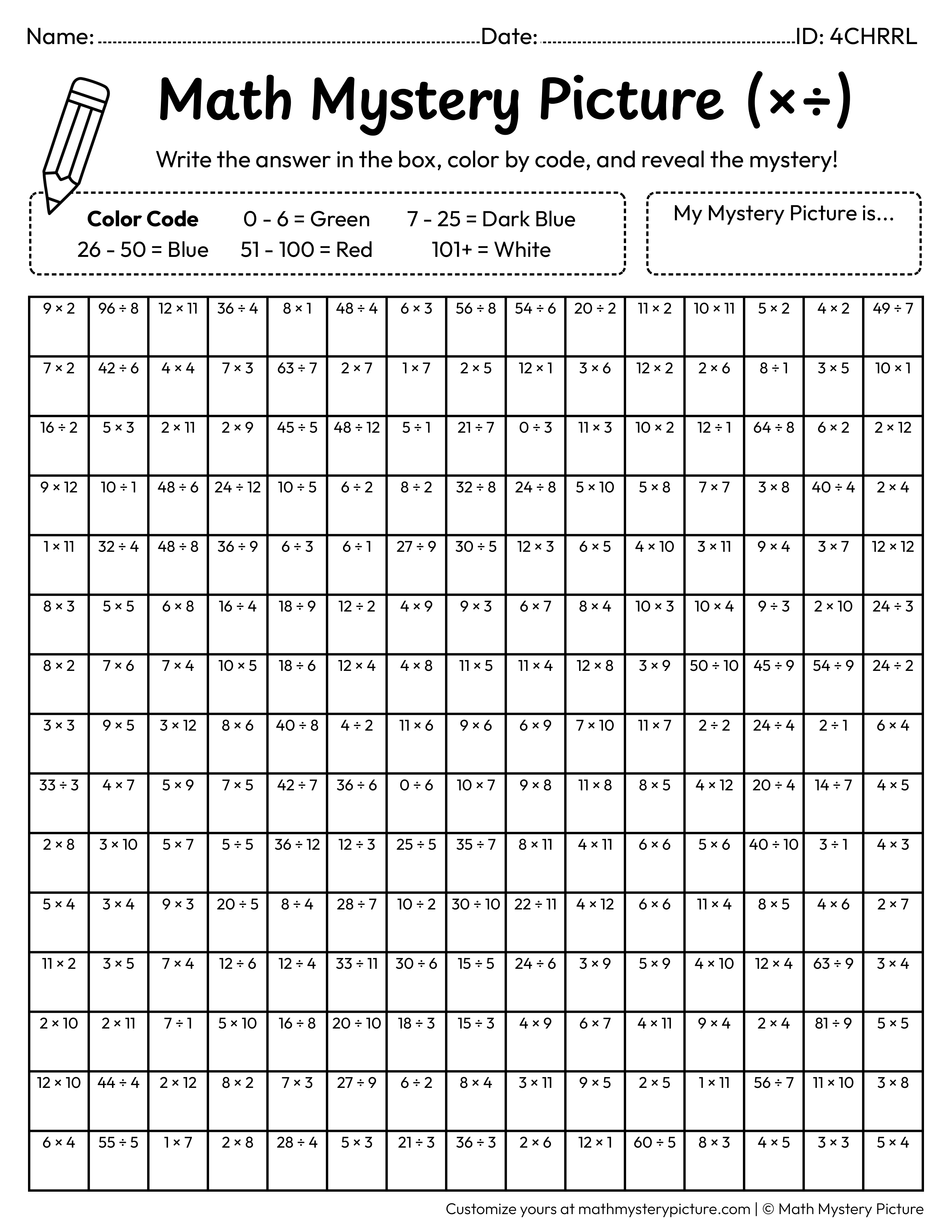 Earth Mixed Multiplication and Division Facts Math Mystery Picture Coloring Worksheet