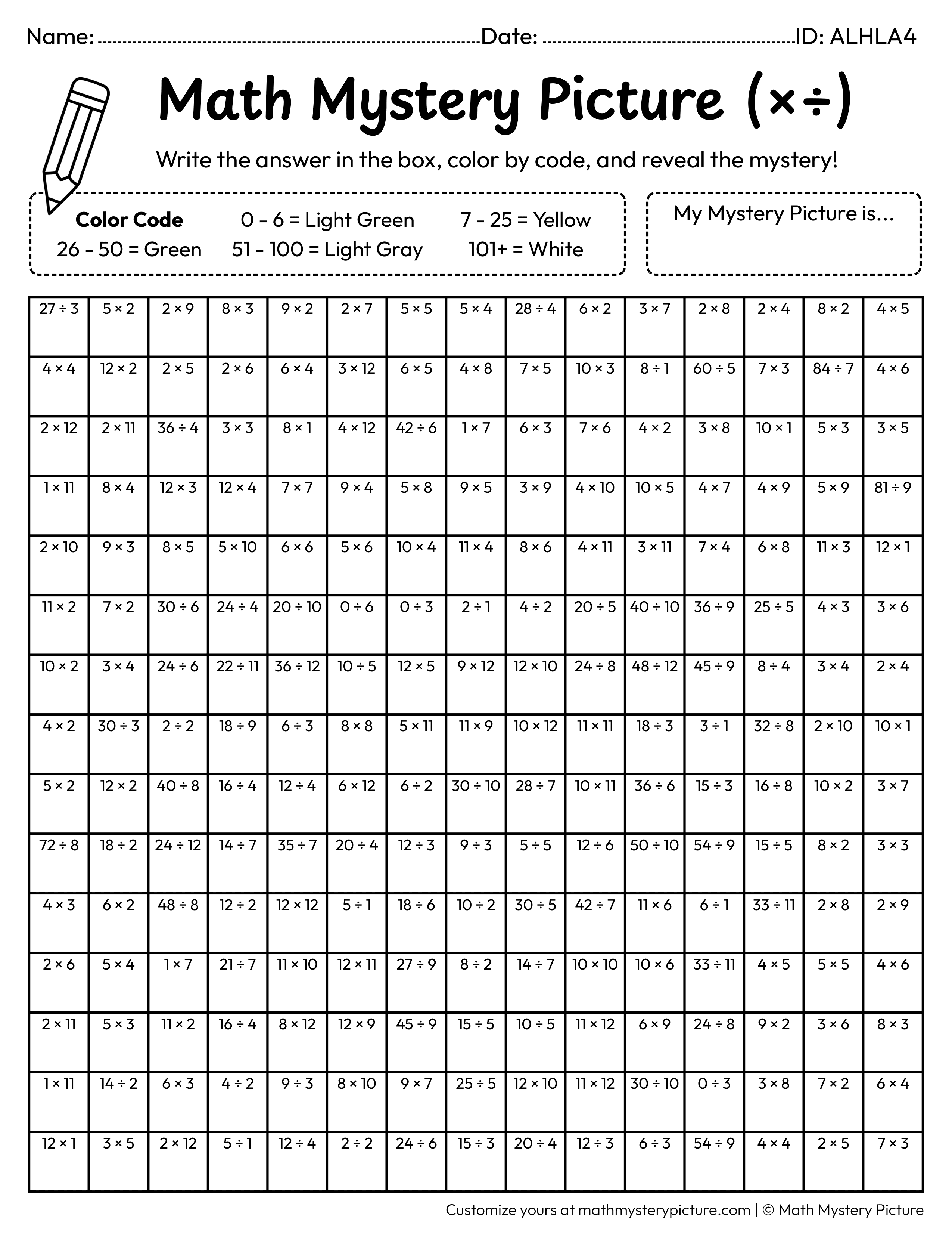 Earth Day Recycle Bin Mixed Multiplication and Division Facts Math Mystery Picture Coloring Worksheet