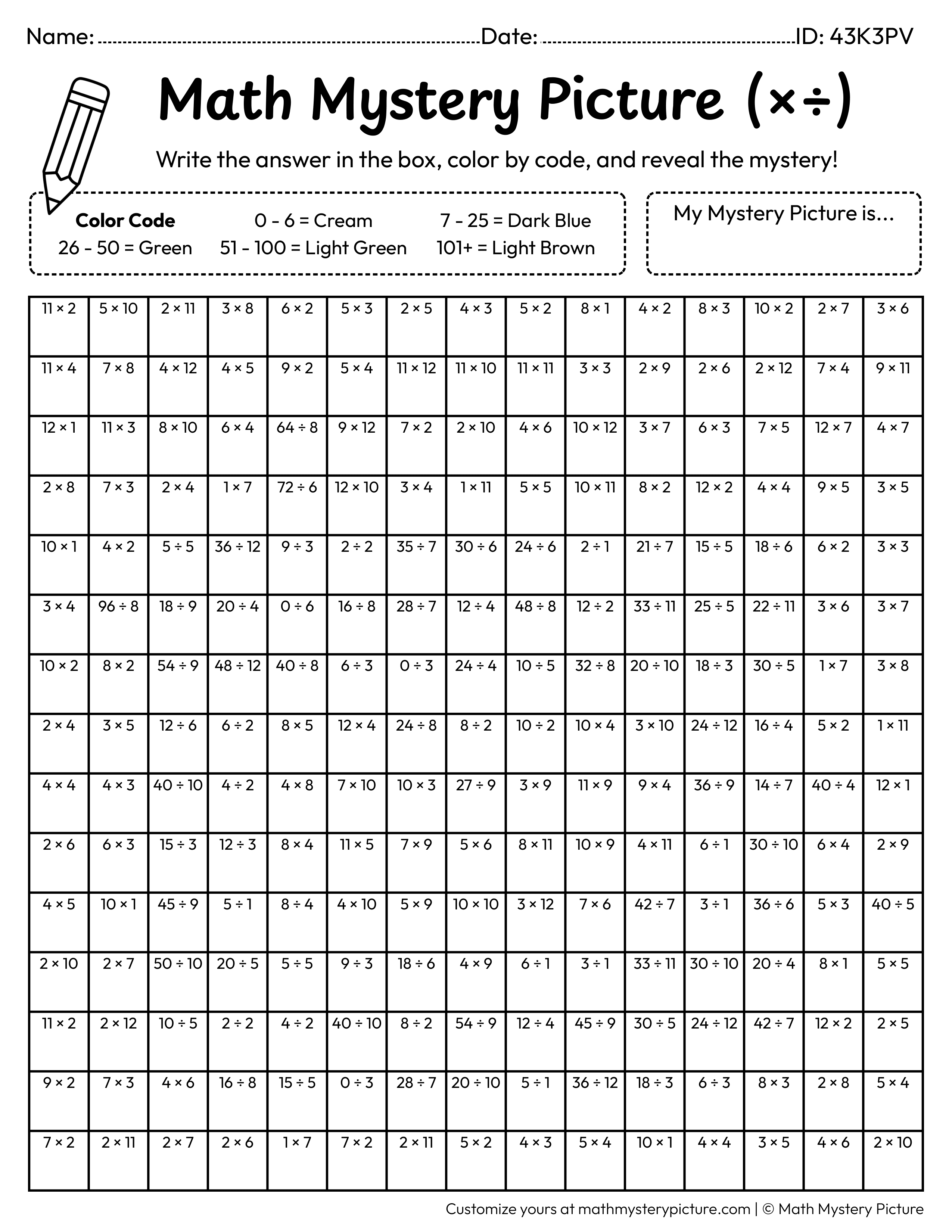Earth Day Reusable Bag Mixed Multiplication and Division Facts Math Mystery Picture Coloring Worksheet