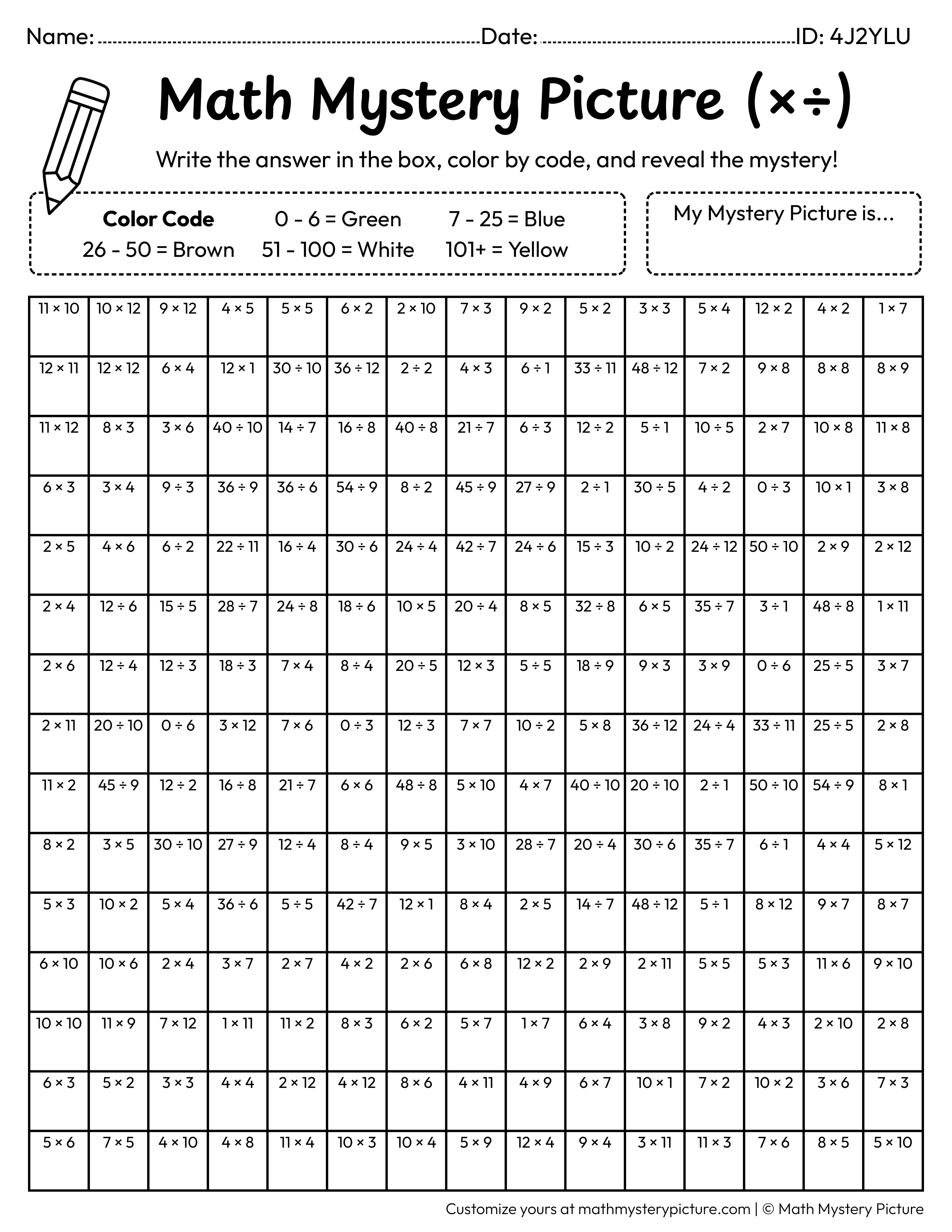 Earth Day Tree Mixed Multiplication and Division Facts Math Mystery Picture Coloring Worksheet